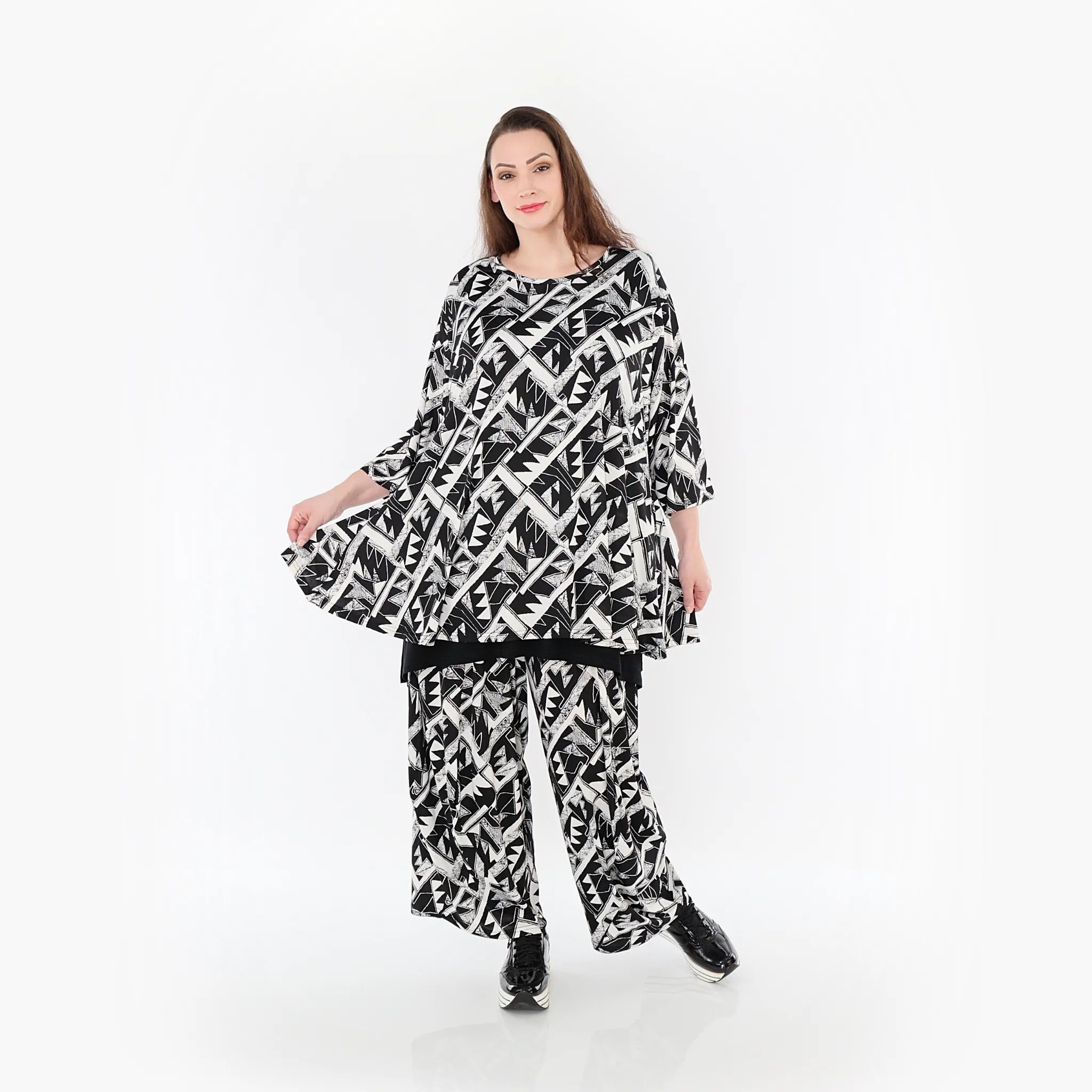  AKH Fashion Bigshirt in Glocken-Form, aus Materialmix, 1453.01892, Schwarz/Weiß, Abstrakt