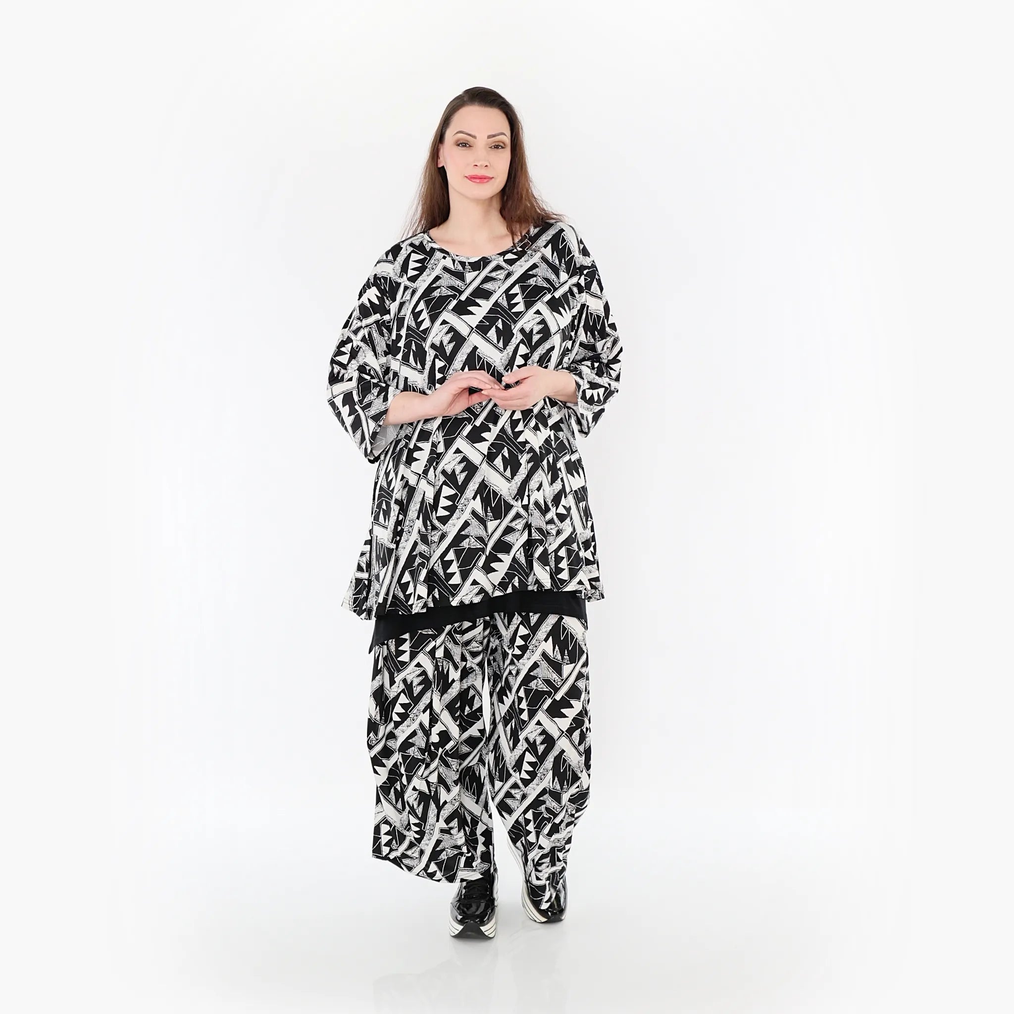  AKH Fashion Bigshirt in Glocken-Form, aus Materialmix, 1453.01892, Schwarz/Weiß, Abstrakt