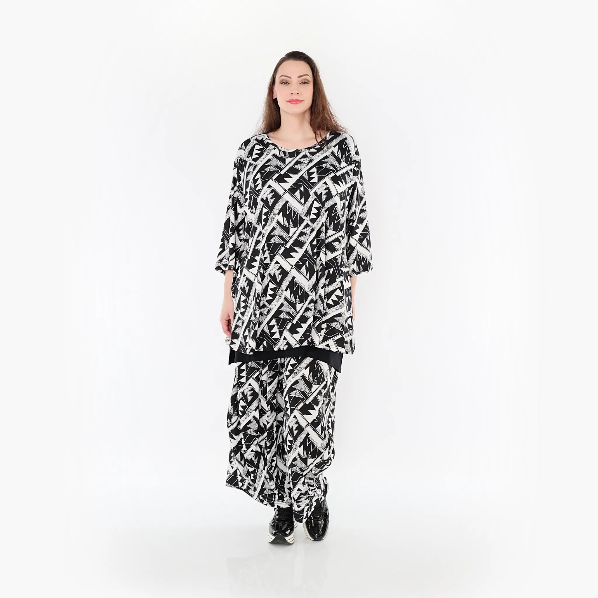  AKH Fashion Bigshirt in Glocken-Form, aus Materialmix, 1453.01892, Schwarz/Weiß, Abstrakt