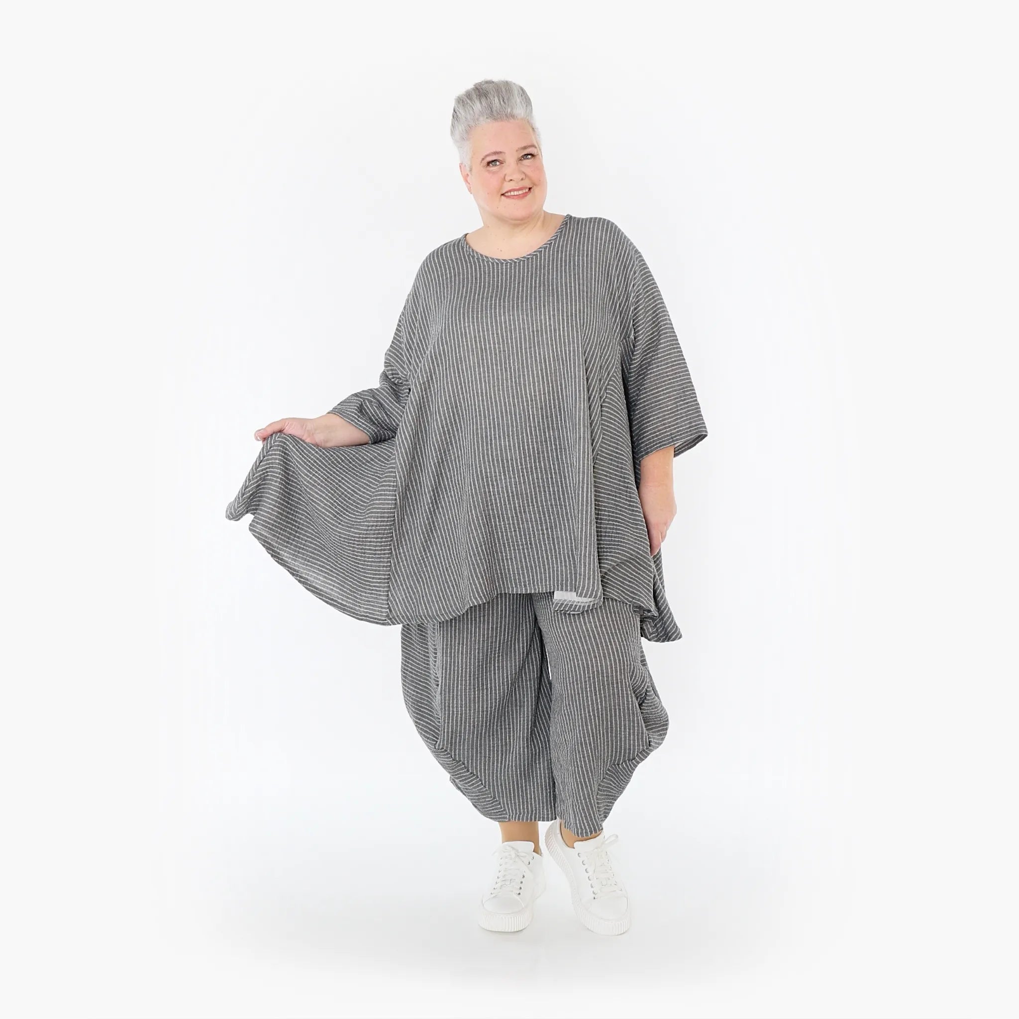  A-Form Bigshirt von AKH Fashion aus Baumwolle, 1461.00593, Grau/Weiß, Streifen, Ausgefallen