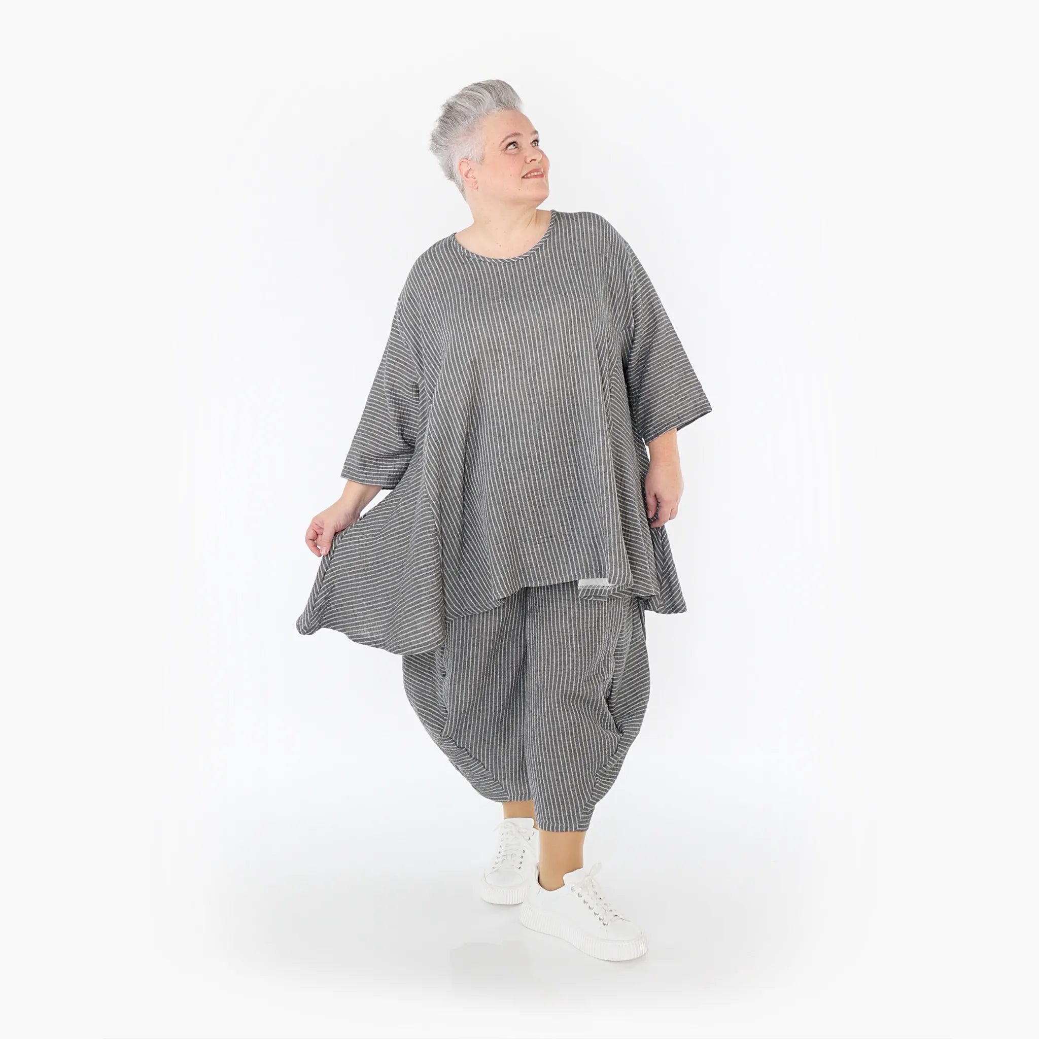  A-Form Bigshirt von AKH Fashion aus Baumwolle, 1461.00593, Grau/Weiß, Streifen, Ausgefallen