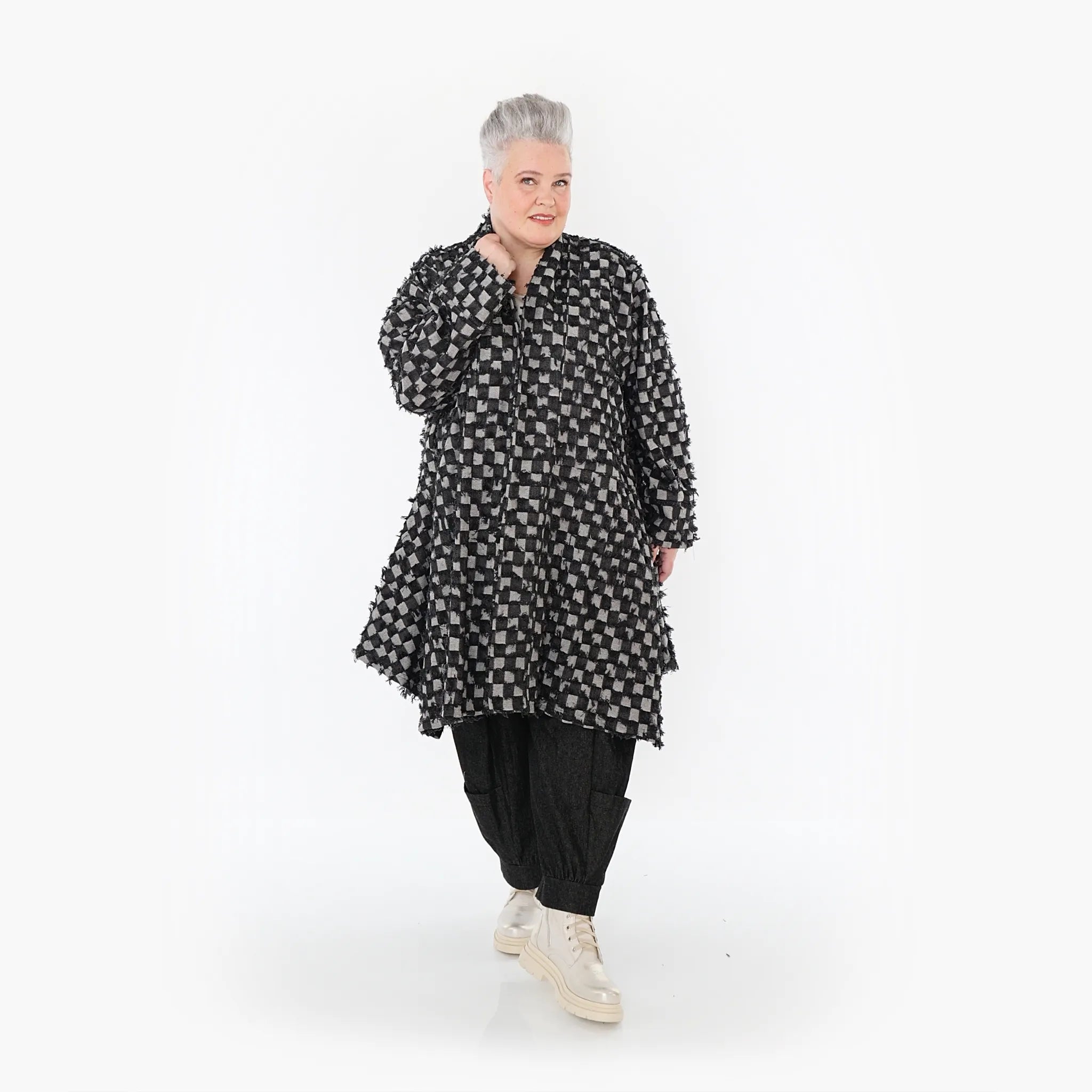  A-Form Cardigan von AKH Fashion aus Baumwolle, 1463.07040, Schwarz/Grau, Kariert, Schick