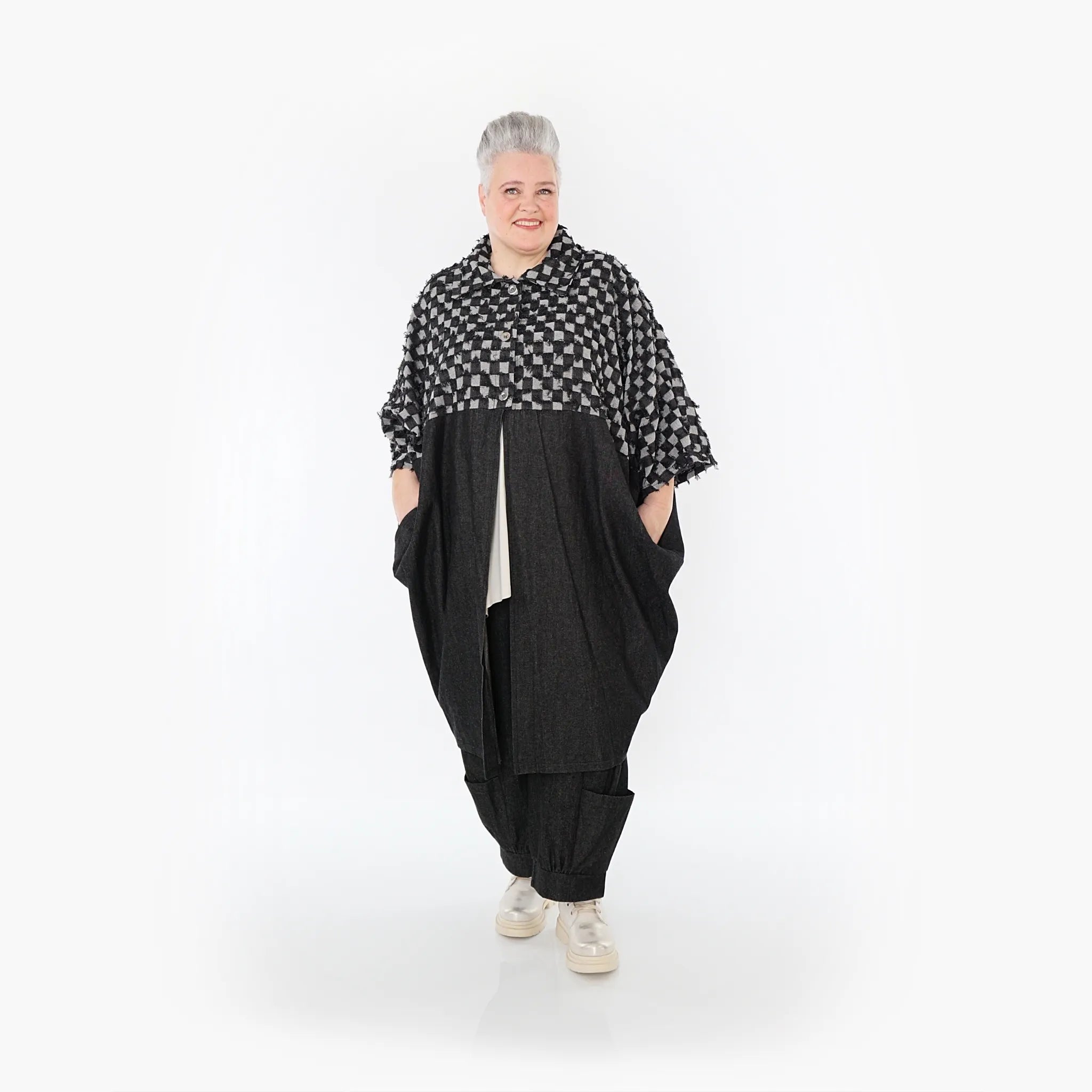  Ballonmantel von AKH Fashion aus Baumwolle, 1463.07055, Schwarz/Grau, Kariert, Schick