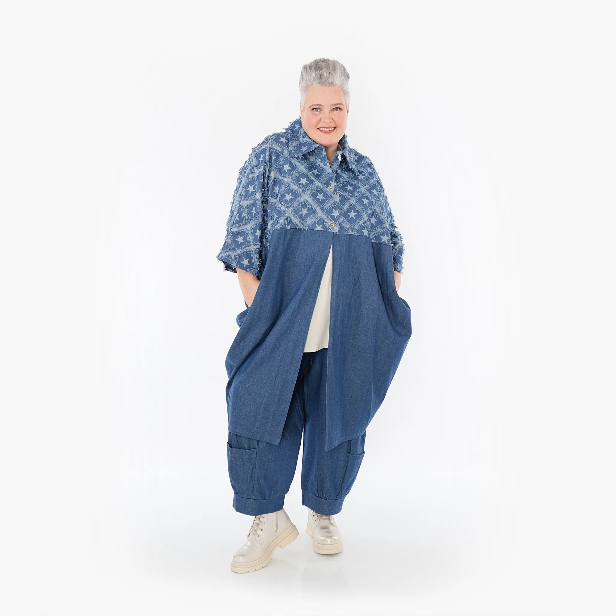  Ballonmantel von AKH Fashion aus Baumwolle, 1464.07055, Jeansblau/Grau, Raute, Schick