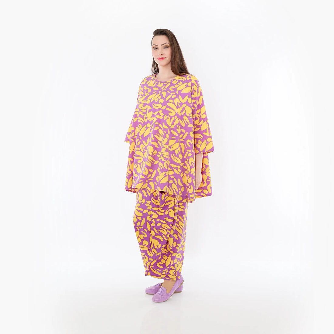  A-Form Bigshirt von AKH Fashion aus Viskose, 1470.00593, Flieder/Gelb, Blumen, Ausgefallen