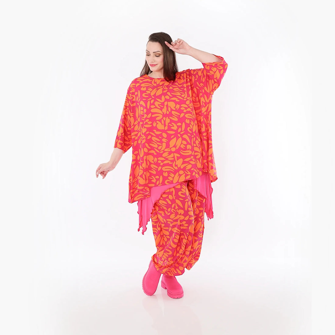  A-Form Bigshirt von AKH Fashion aus Viskose, 1470.00593, Fuchsia/Orange, Blumen, Ausgefallen