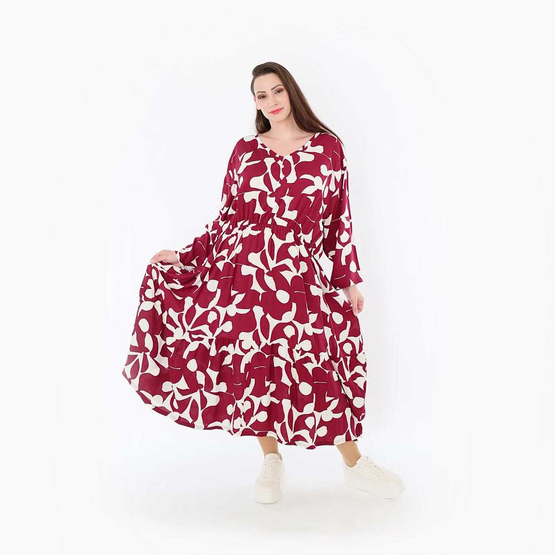  Ballonkleid von AKH Fashion aus Viskose, 1471.07064, Weinrot/Weiß, Muster, Ausgefallen