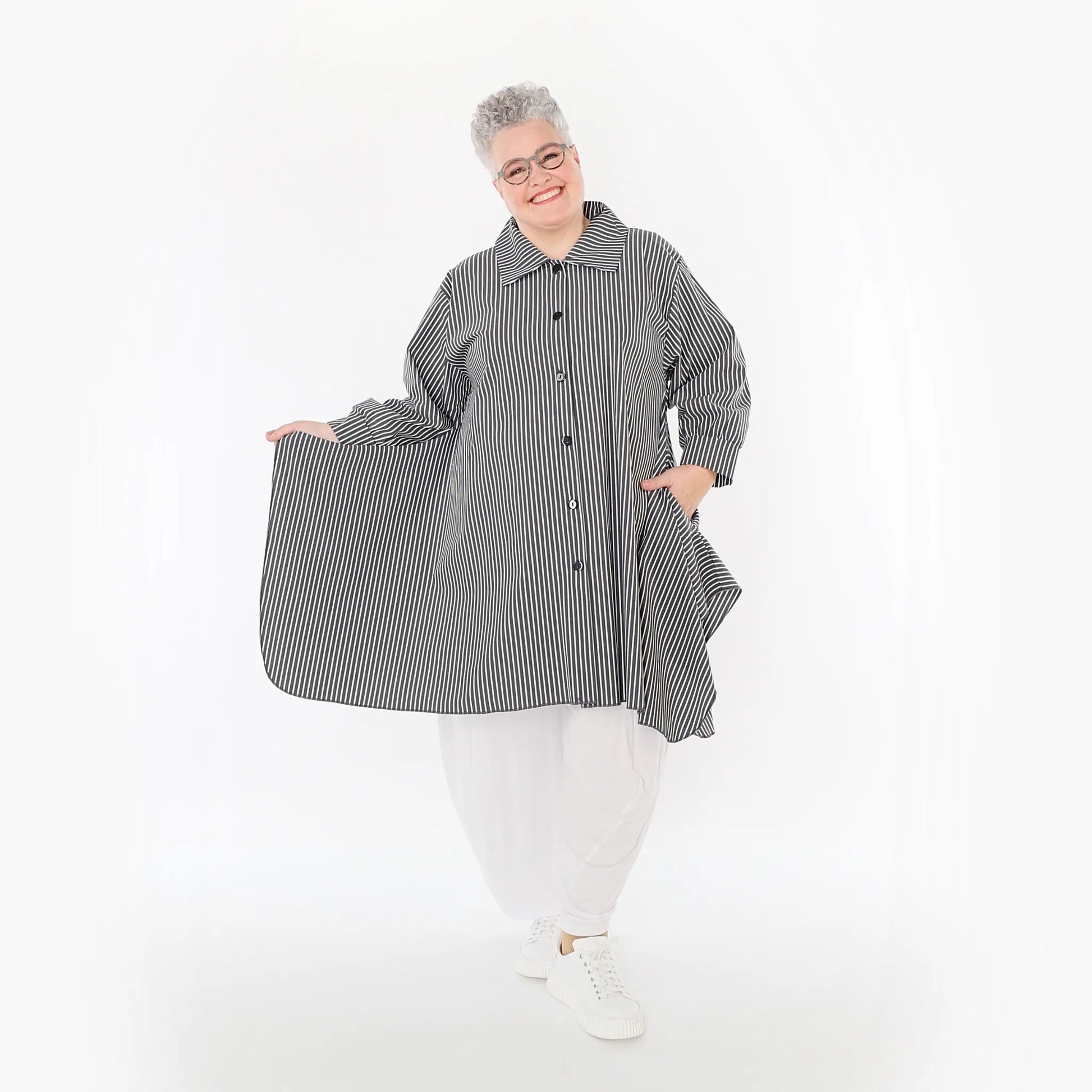  A-Form Bluse von AKH Fashion aus Baumwolle, 1472.06917, Anthrazit/Weiß, Streifen, Schick