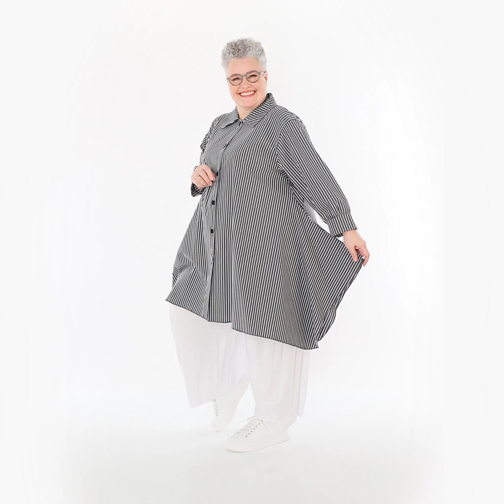  A-Form Bluse von AKH Fashion aus Baumwolle, 1472.06917, Anthrazit/Weiß, Streifen, Schick