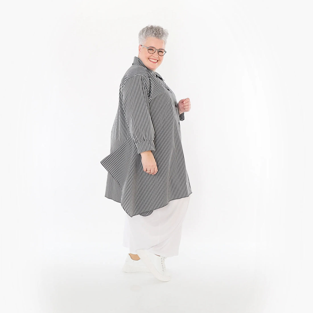 A-Form Bluse von AKH Fashion aus Baumwolle, 1472.06917, Anthrazit/Weiß, Streifen, Schick