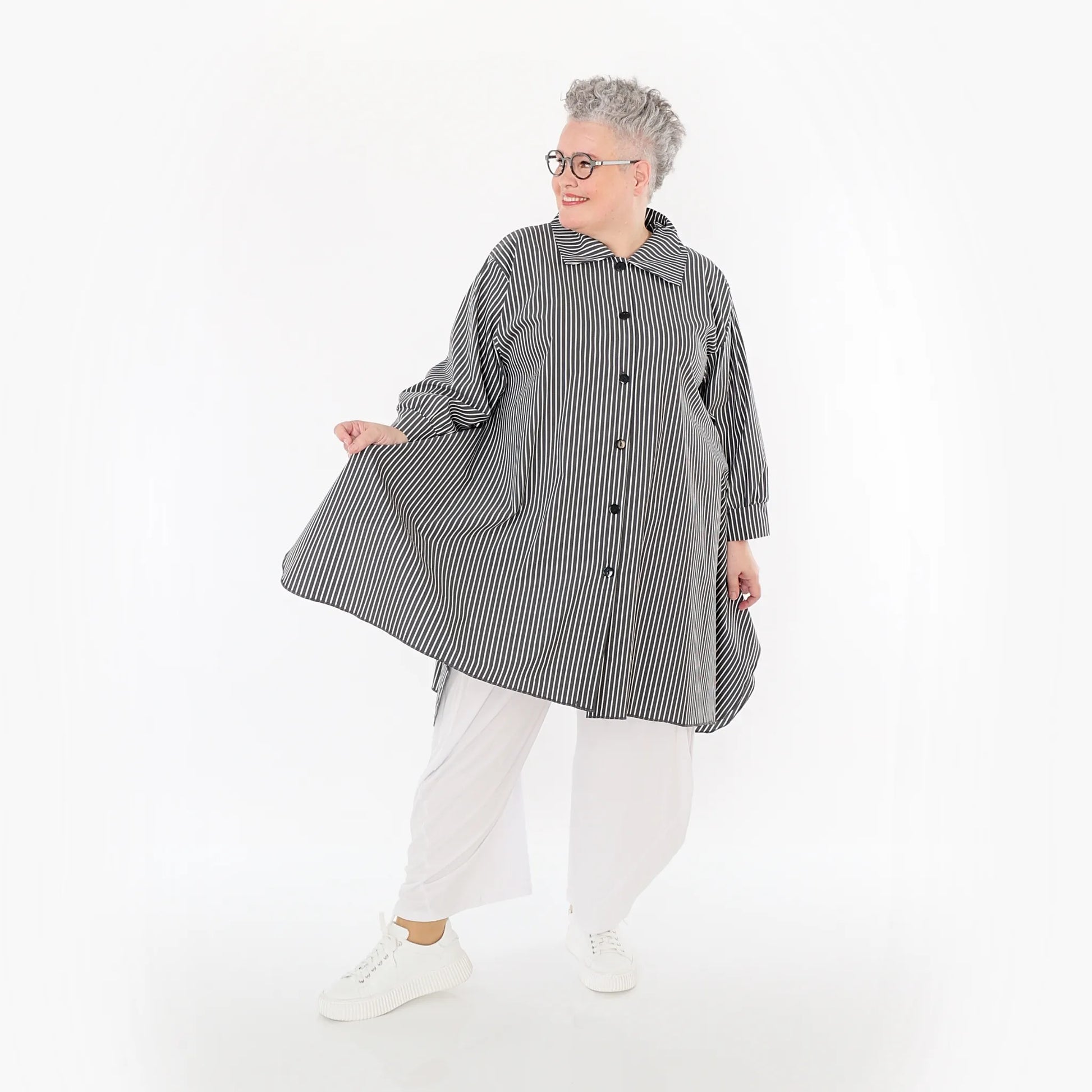  A-Form Bluse von AKH Fashion aus Baumwolle, 1472.06917, Anthrazit/Weiß, Streifen, Schick