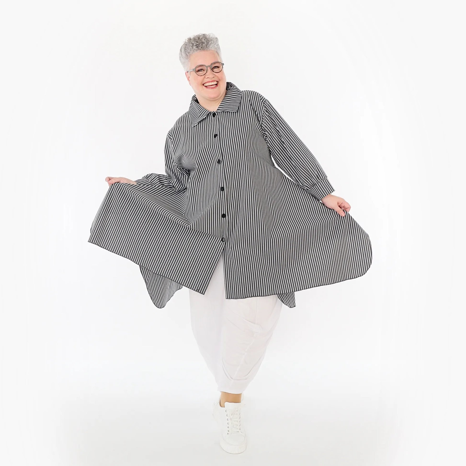  A-Form Bluse von AKH Fashion aus Baumwolle, 1472.06917, Anthrazit/Weiß, Streifen, Schick