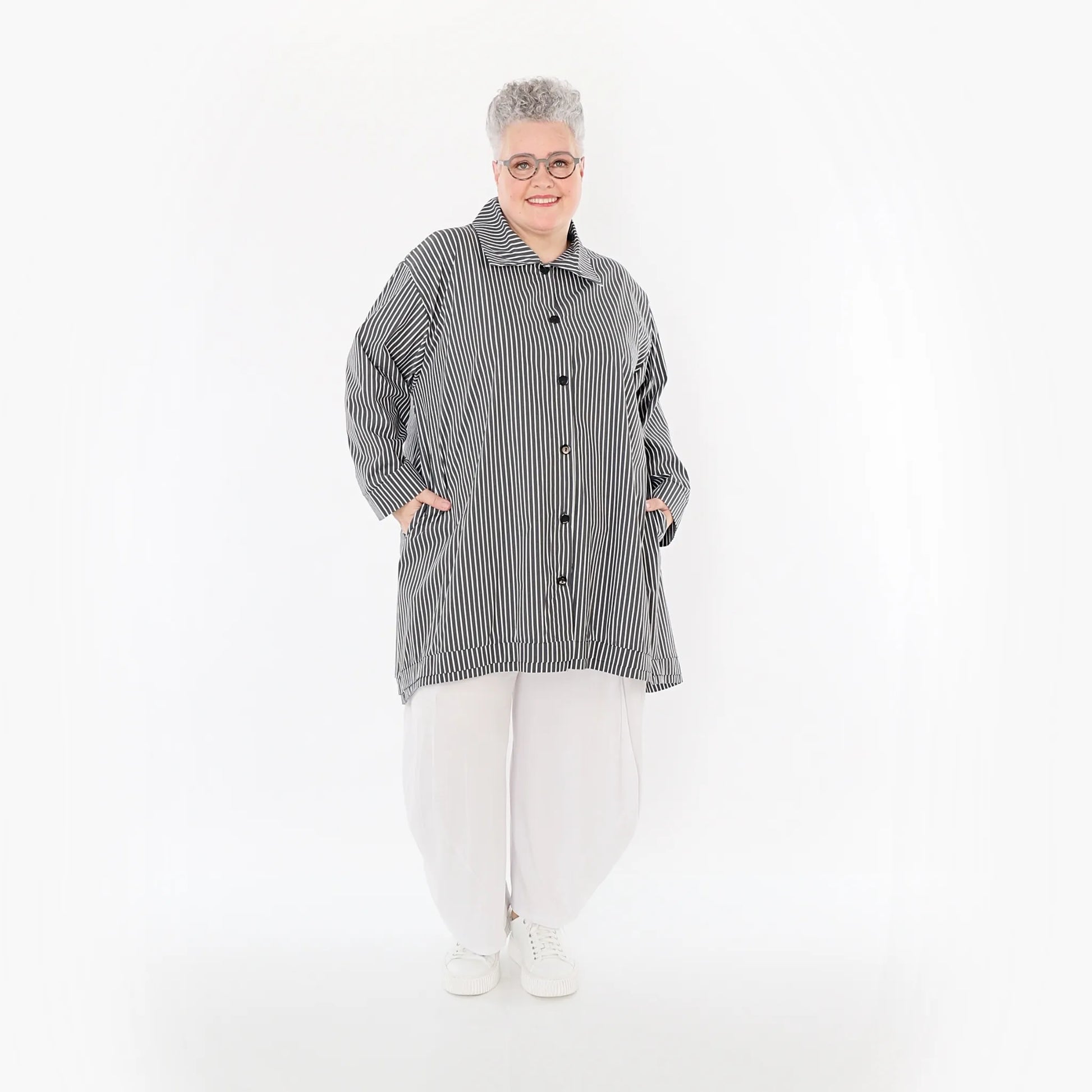  A-Form Bluse von AKH Fashion aus Baumwolle, 1472.07010, Anthrazit/Weiß, Streifen, Schick