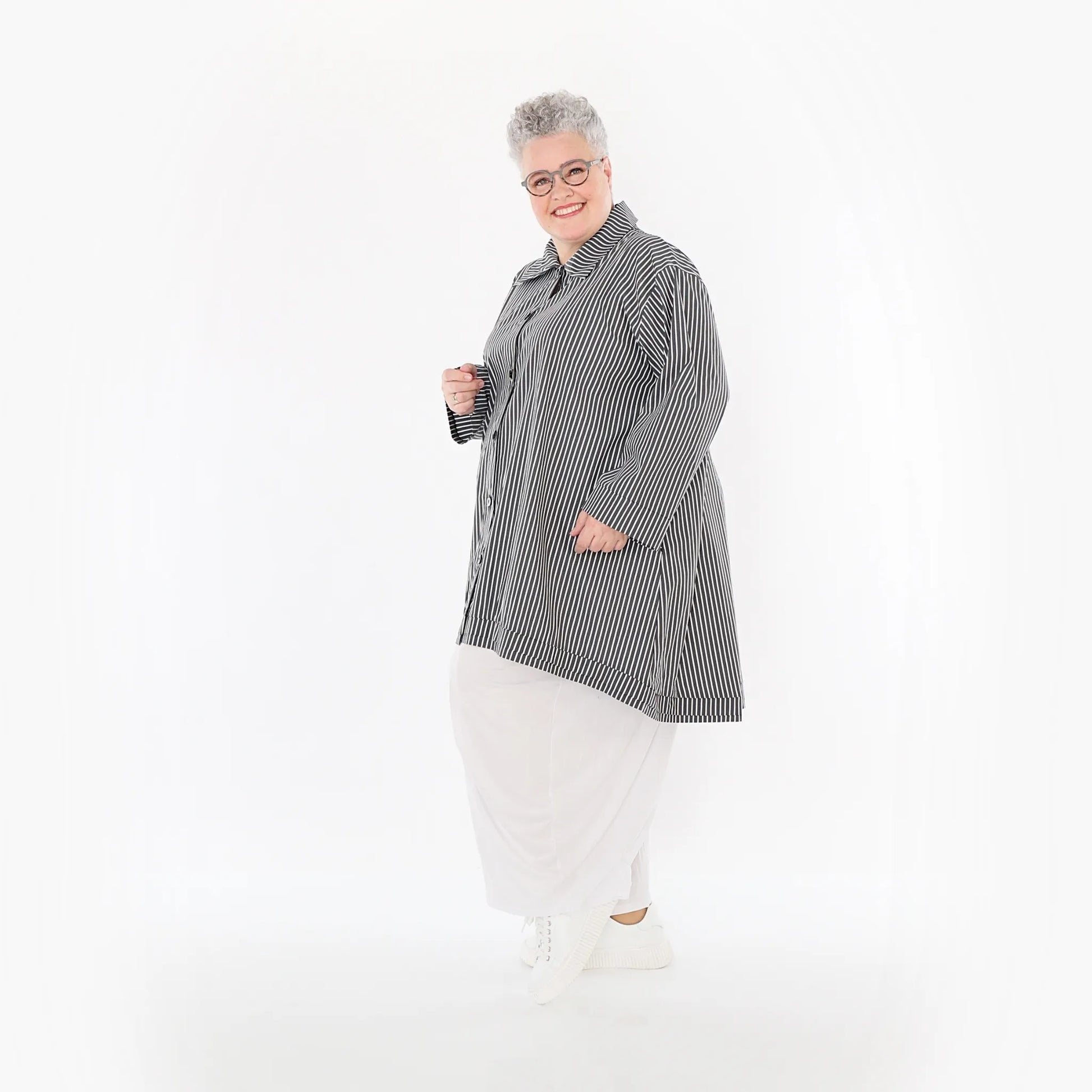  A-Form Bluse von AKH Fashion aus Baumwolle, 1472.07010, Anthrazit/Weiß, Streifen, Schick