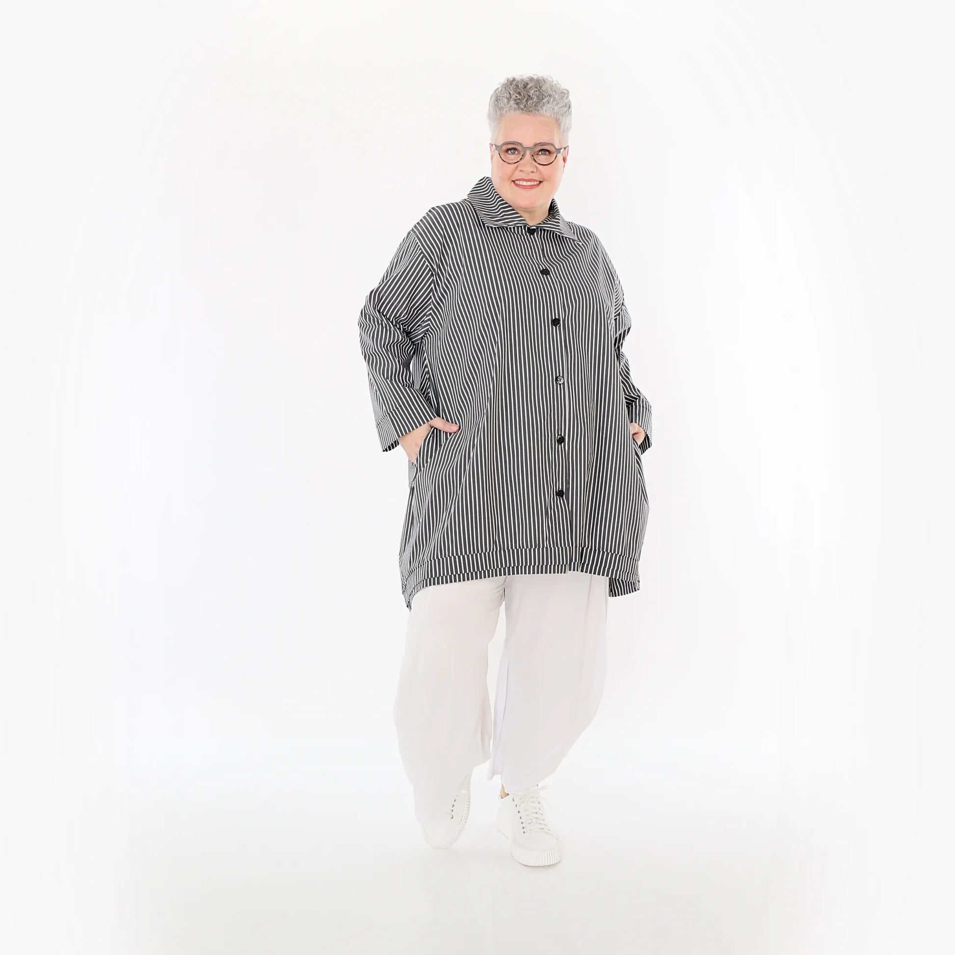  A-Form Bluse von AKH Fashion aus Baumwolle, 1472.07010, Anthrazit/Weiß, Streifen, Schick