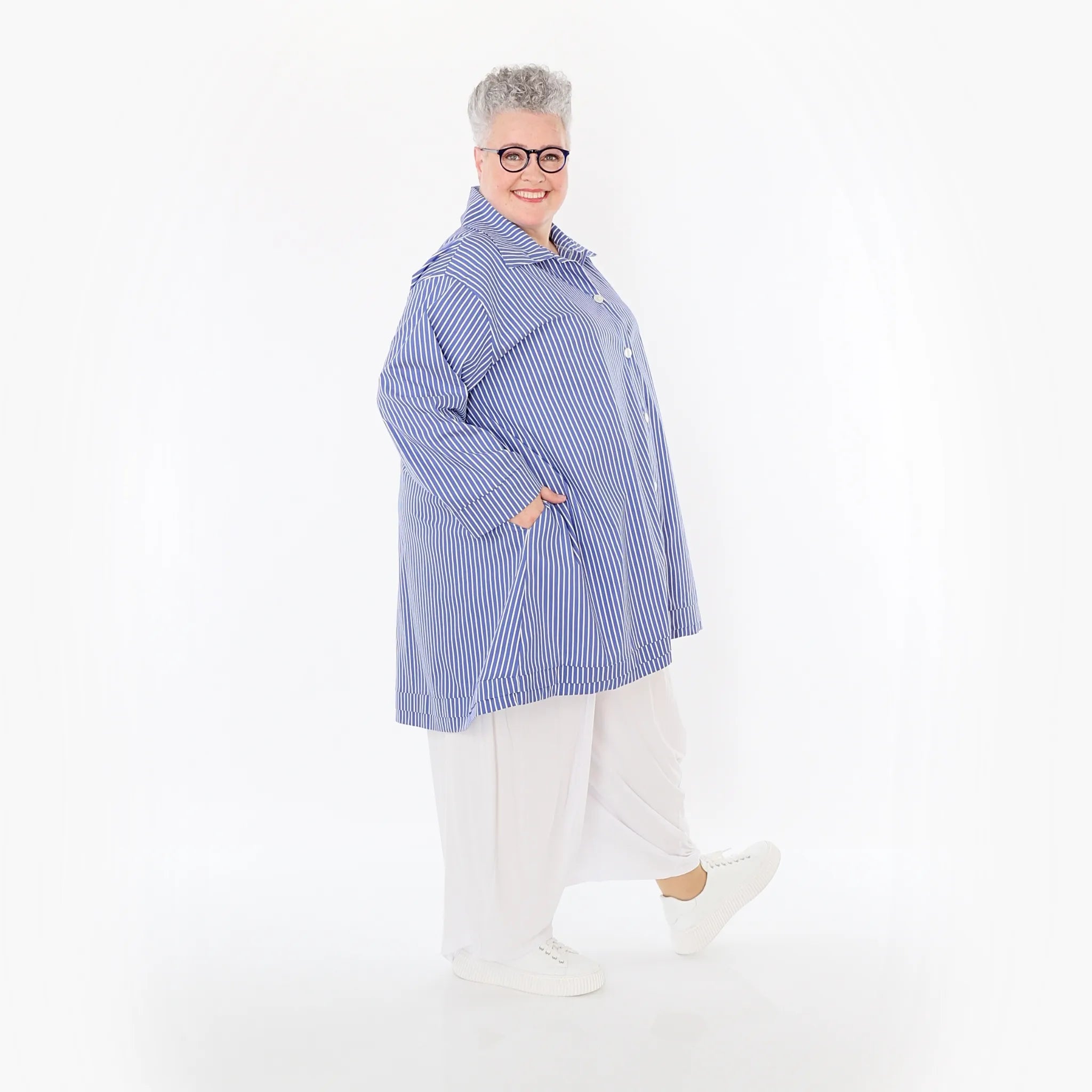 A-Form Bluse von AKH Fashion aus Baumwolle, 1472.07010, Blau/Weiß, Streifen, Ausgefallen