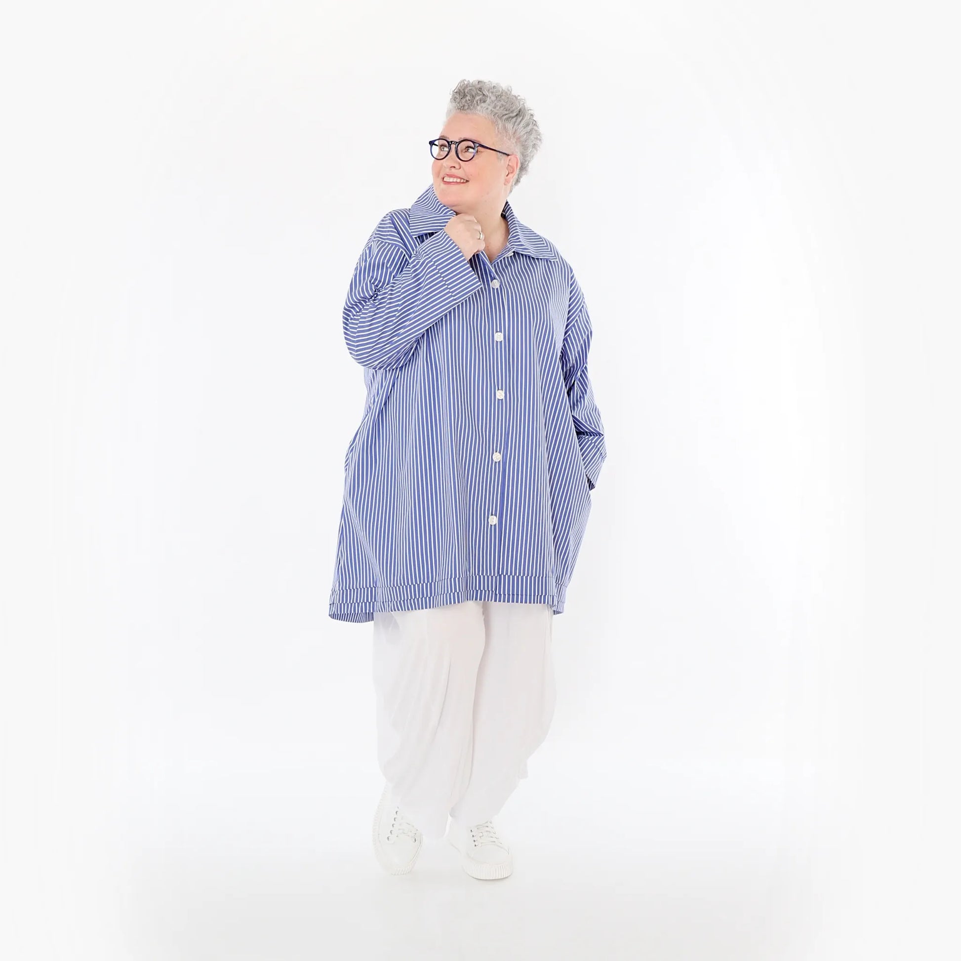  A-Form Bluse von AKH Fashion aus Baumwolle, 1472.07010, Blau/Weiß, Streifen, Ausgefallen