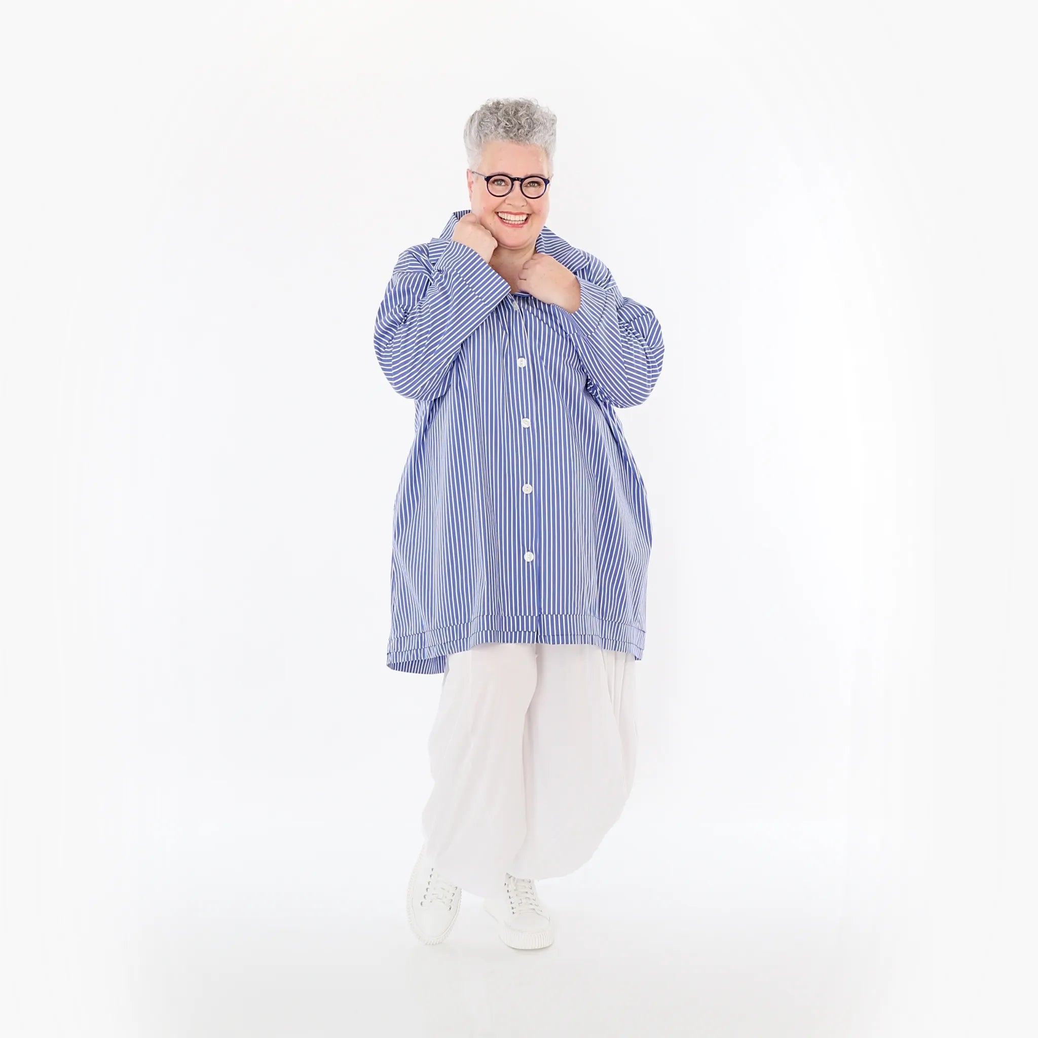 A-Form Bluse von AKH Fashion aus Baumwolle, 1472.07010, Blau/Weiß, Streifen, Ausgefallen