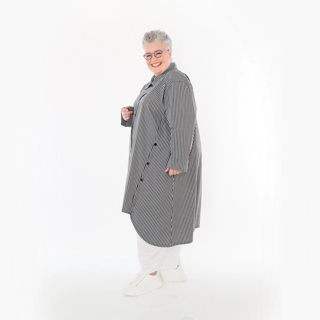 A-Form Bluse von AKH Fashion aus Baumwolle, 1472.07057, Anthrazit/Weiß, Streifen, Schick