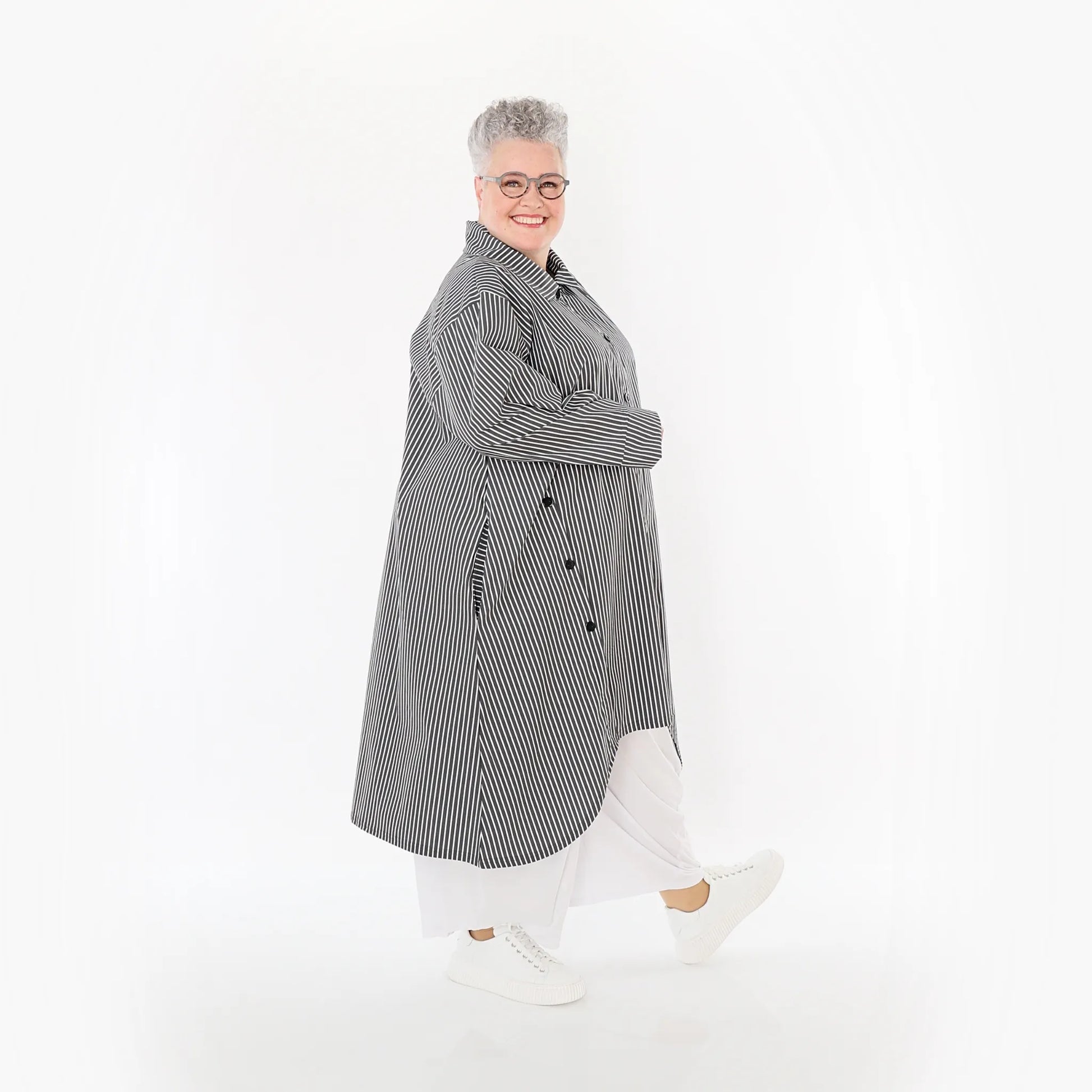  A-Form Bluse von AKH Fashion aus Baumwolle, 1472.07057, Anthrazit/Weiß, Streifen, Schick