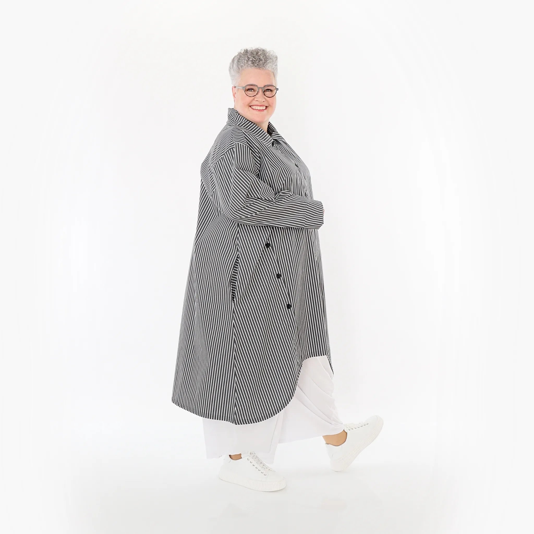  A-Form Bluse von AKH Fashion aus Baumwolle, 1472.07057, Anthrazit/Weiß, Streifen, Schick