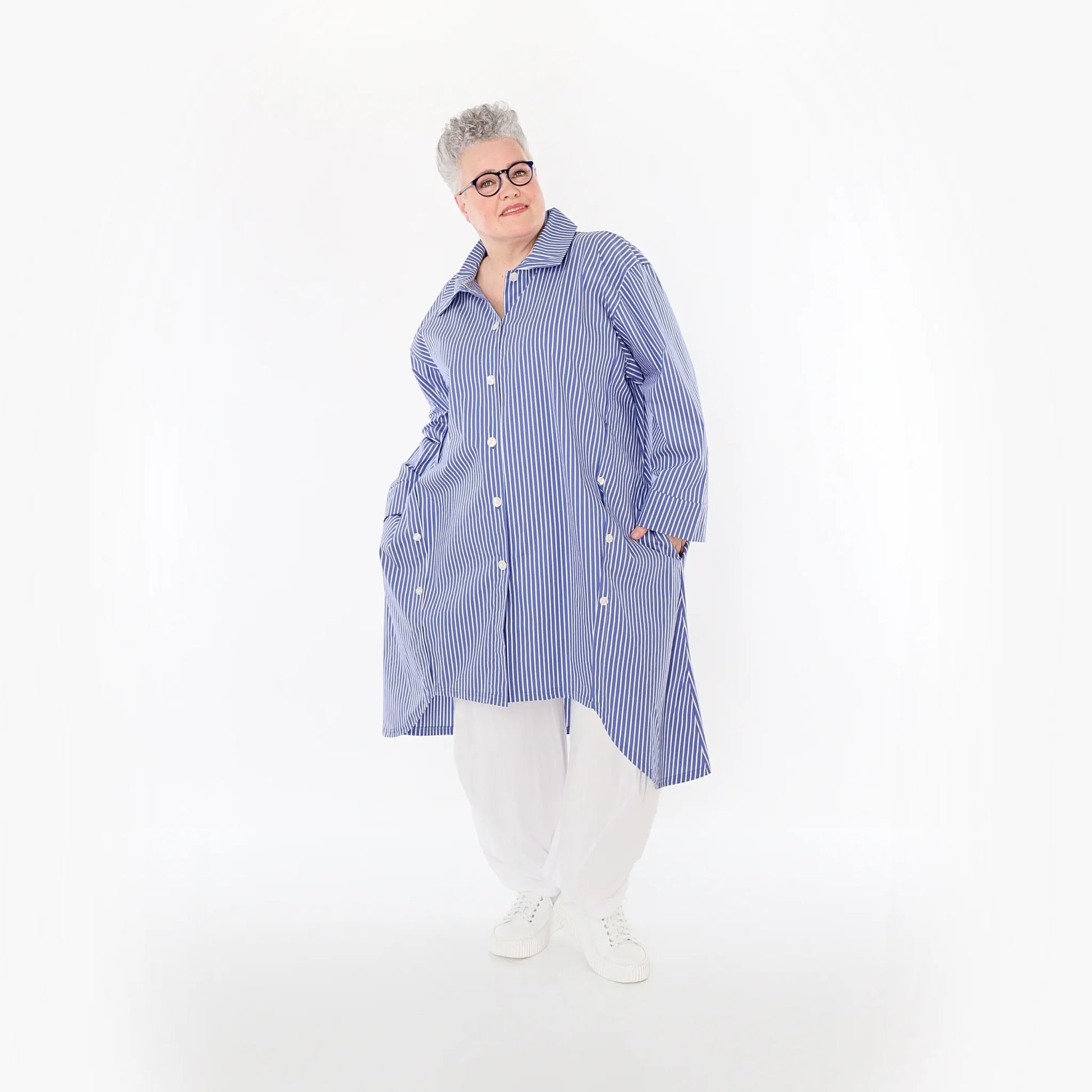  A-Form Bluse von AKH Fashion aus Baumwolle, 1472.07057, Blau/Weiß, Streifen, Ausgefallen