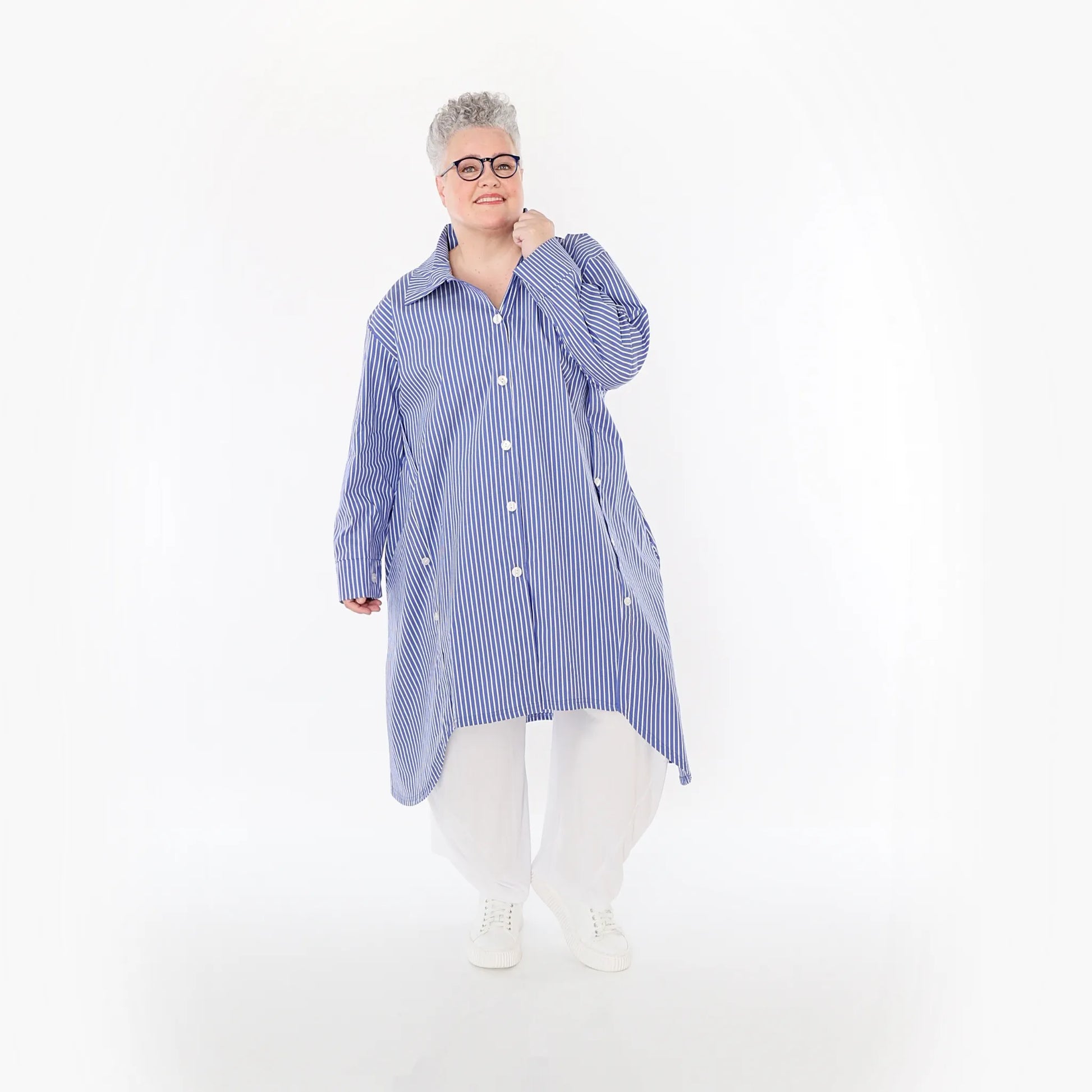  A-Form Bluse von AKH Fashion aus Baumwolle, 1472.07057, Blau/Weiß, Streifen, Ausgefallen