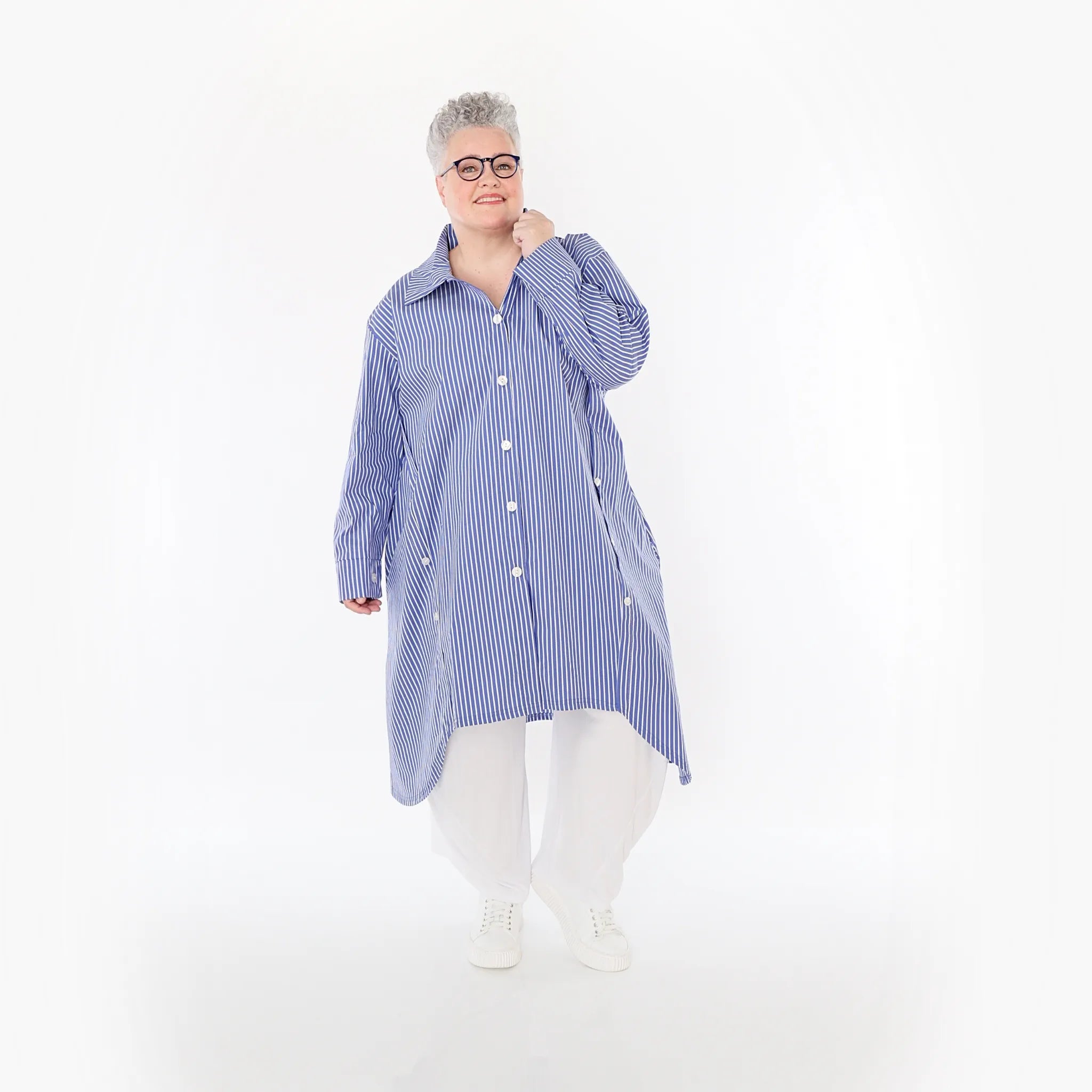  A-Form Bluse von AKH Fashion aus Baumwolle, 1472.07057, Blau/Weiß, Streifen, Ausgefallen