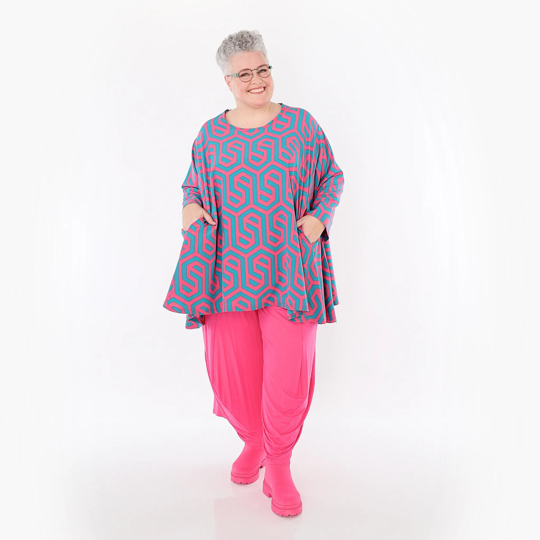  A-Form Bigshirt von AKH Fashion aus Viskose, 1473.00593, Fuchsia/Grün, Grafik, Ausgefallen