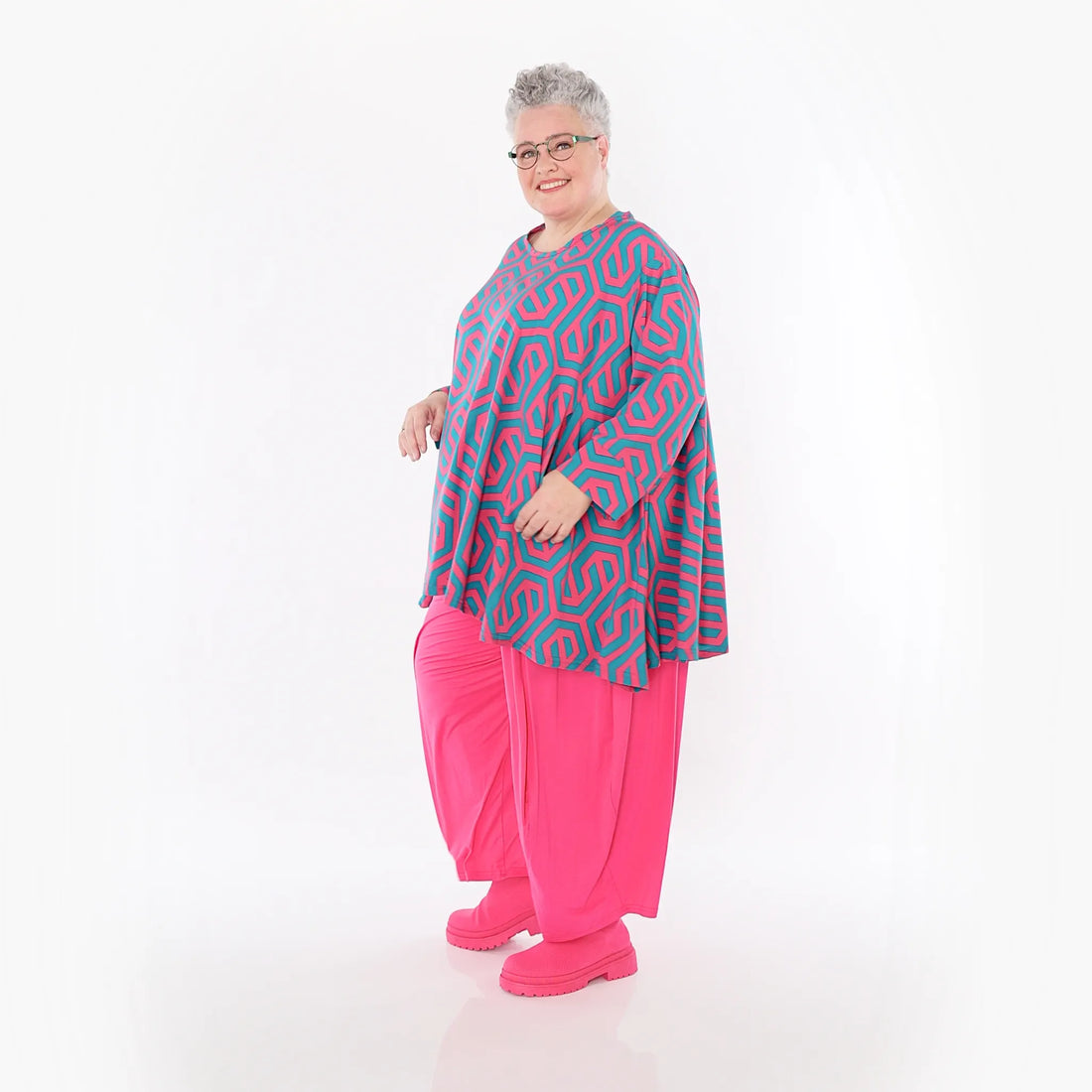  A-Form Bigshirt von AKH Fashion aus Viskose, 1473.00593, Fuchsia/Grün, Grafik, Ausgefallen