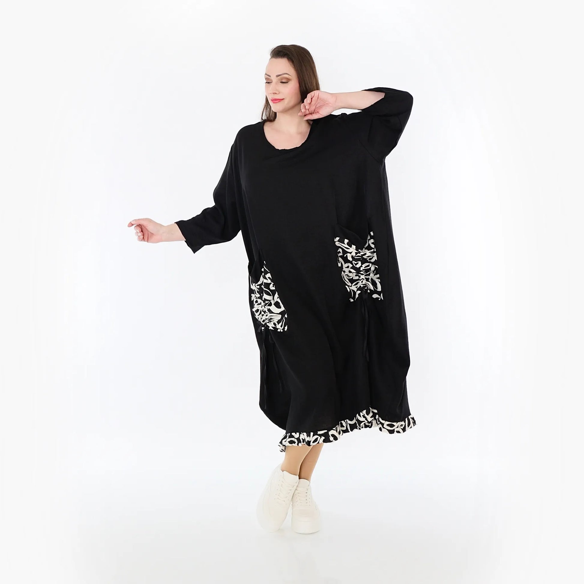  Ballonkleid von AKH Fashion aus Baumwolle, 1478.07071, Schwarz/Ecru, Ausgefallen, Zeitlos