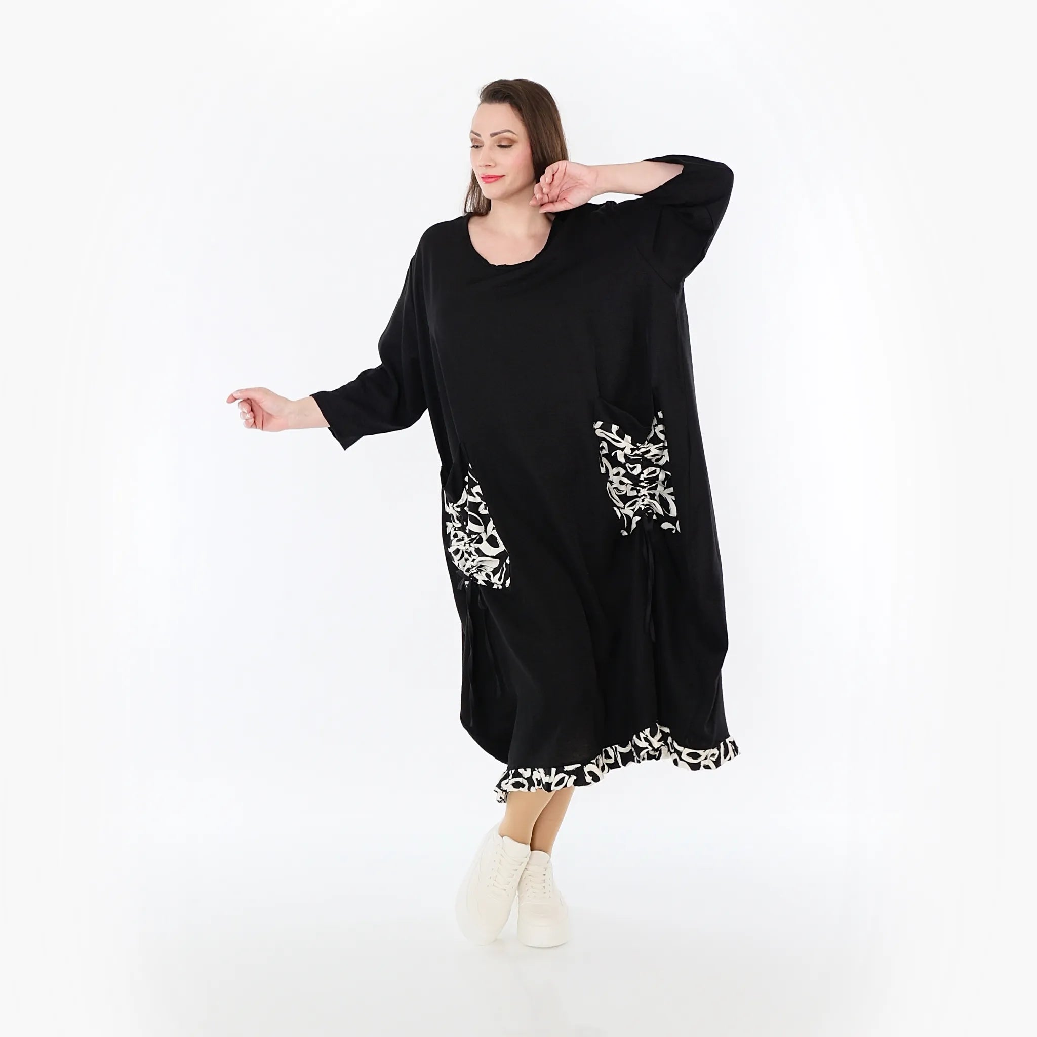  Ballonkleid von AKH Fashion aus Baumwolle, 1478.07071, Schwarz/Ecru, Ausgefallen, Zeitlos