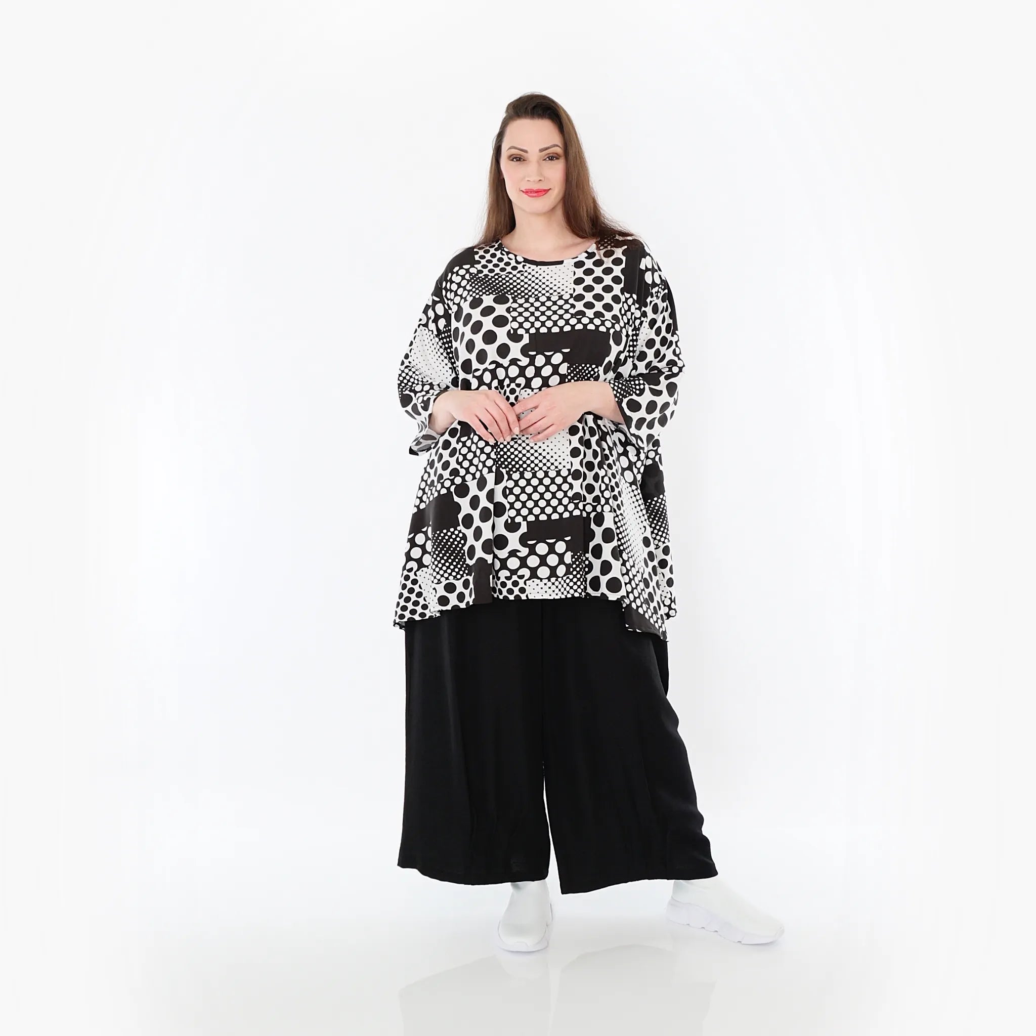  A-Form Bigshirt von AKH Fashion aus Viskose, 1481.00593, Schwarz/Weiß, Punkte, Ausgefallen