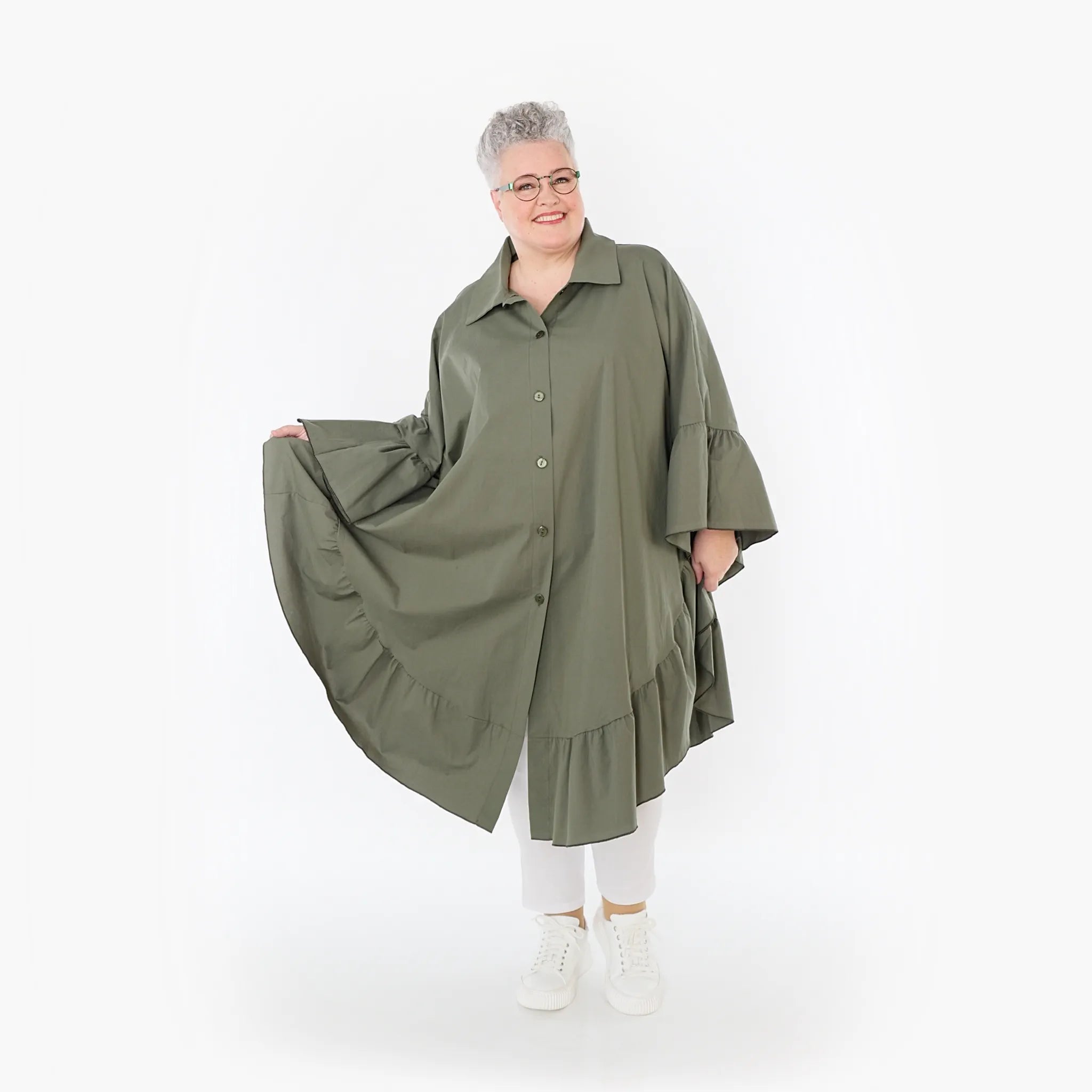 AKH Fashion Bluse in gerundeter Form, aus Baumwolle, 1482.07085, Khaki, Ausgefallen