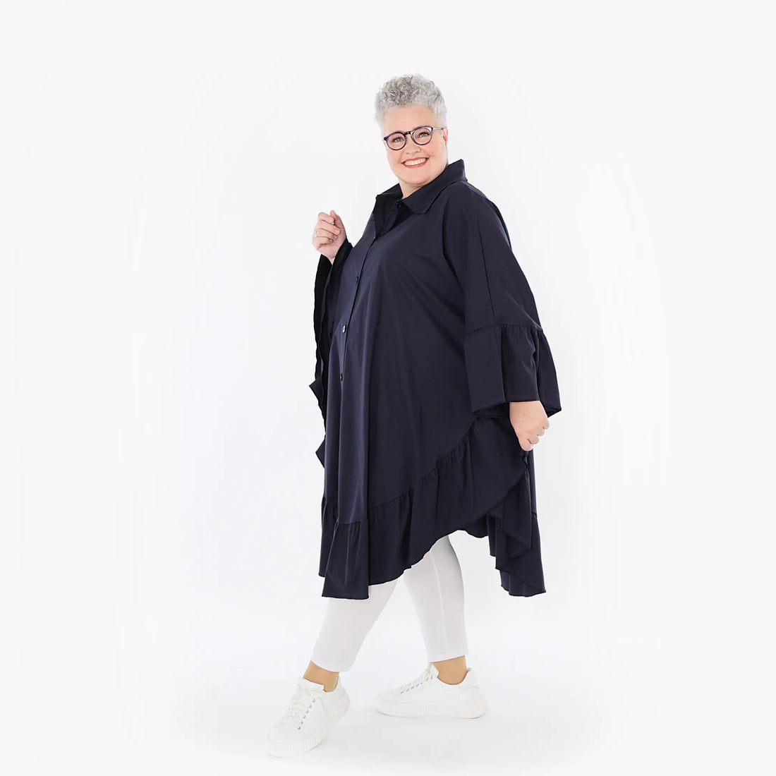AKH Fashion Bluse in gerundeter Form, aus Baumwolle, 1482.07085, Marine, Ausgefallen