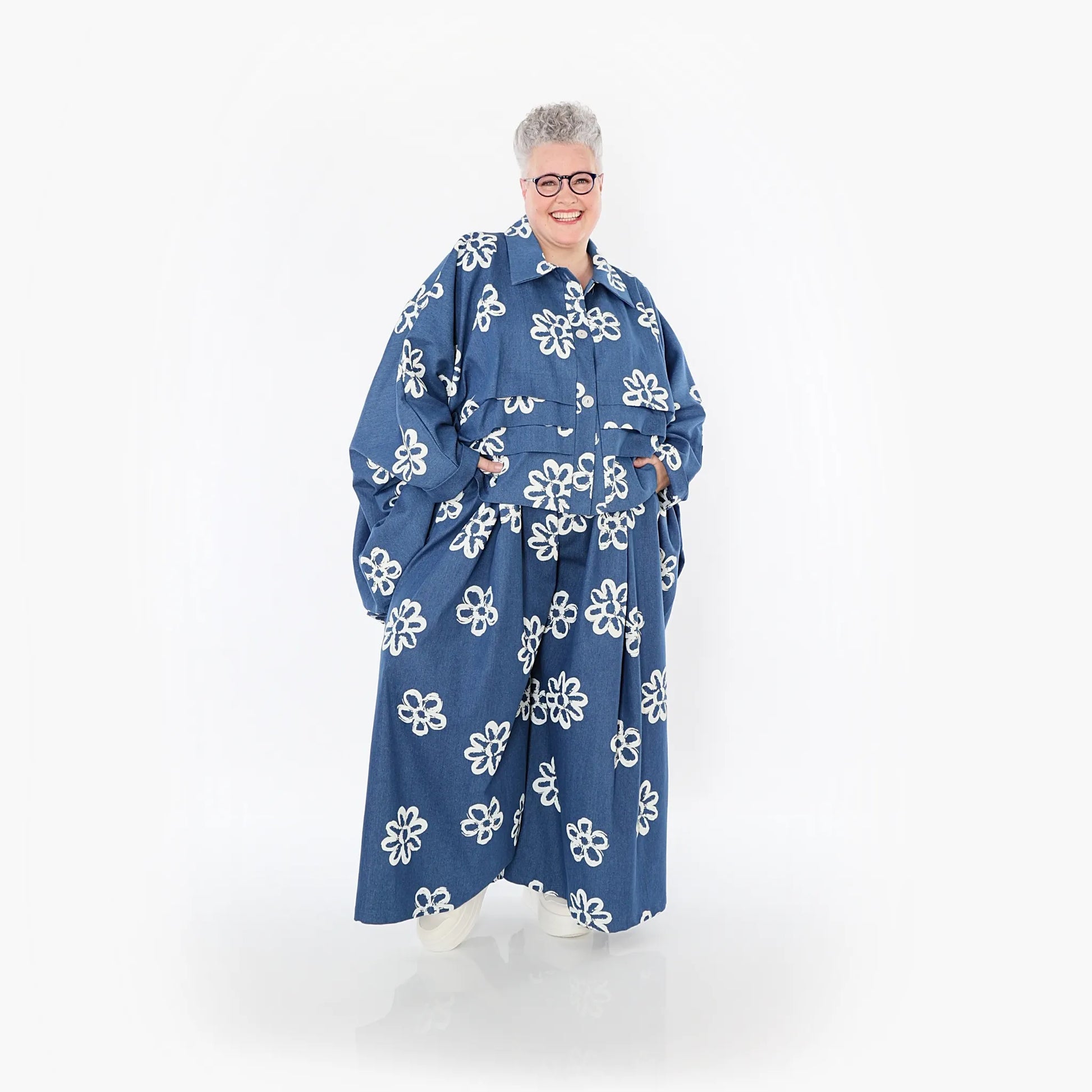  Palazzo Hose von AKH Fashion aus Baumwolle, 1485.07077, Jeansblau/Weiß, Blumen, Schick
