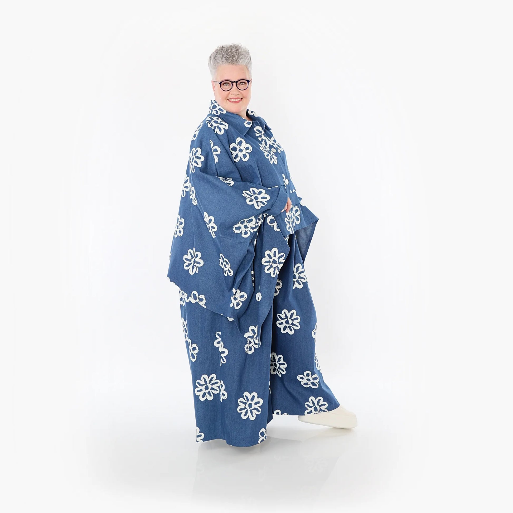 Palazzo Hose von AKH Fashion aus Baumwolle, 1485.07077, Jeansblau/Weiß, Blumen, Schick