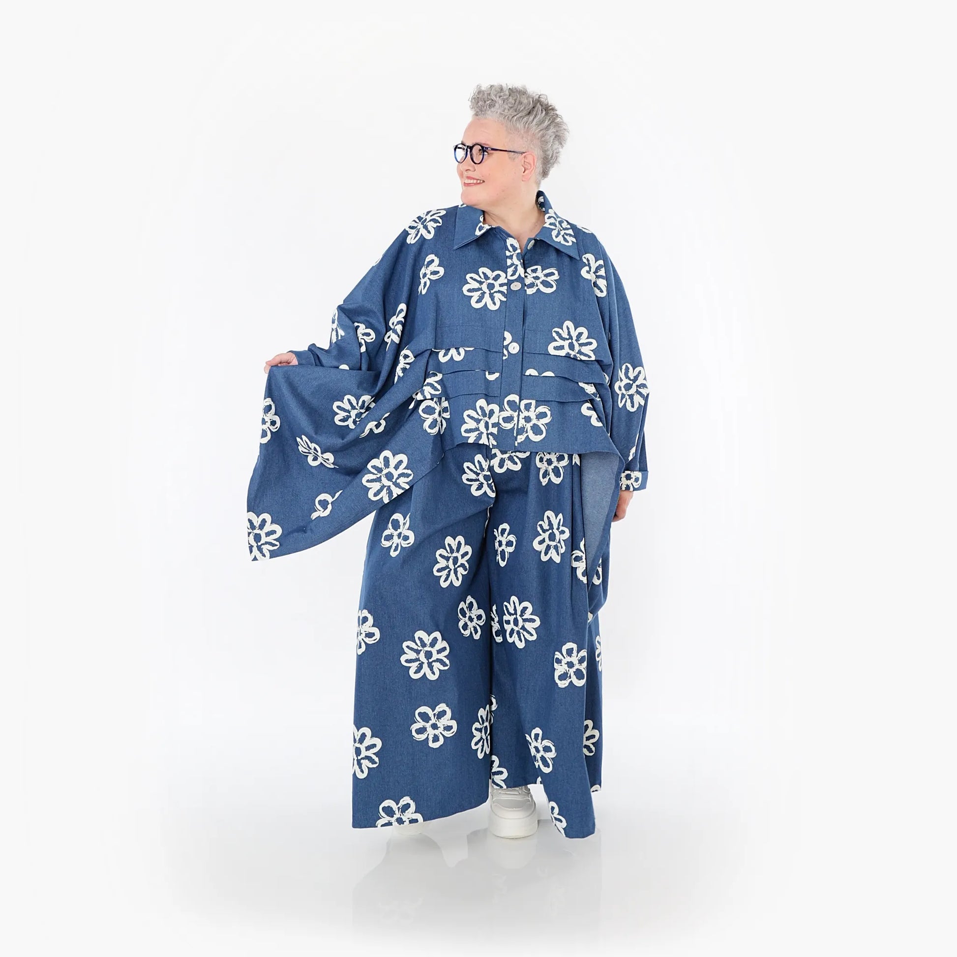  Palazzo Hose von AKH Fashion aus Baumwolle, 1485.07077, Jeansblau/Weiß, Blumen, Schick
