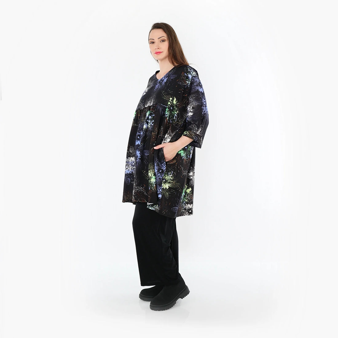  A-Form Bigshirt von AKH Fashion aus Viskose, 1491.07091, Schwarz/Blau/Multi, Blumen, Schick