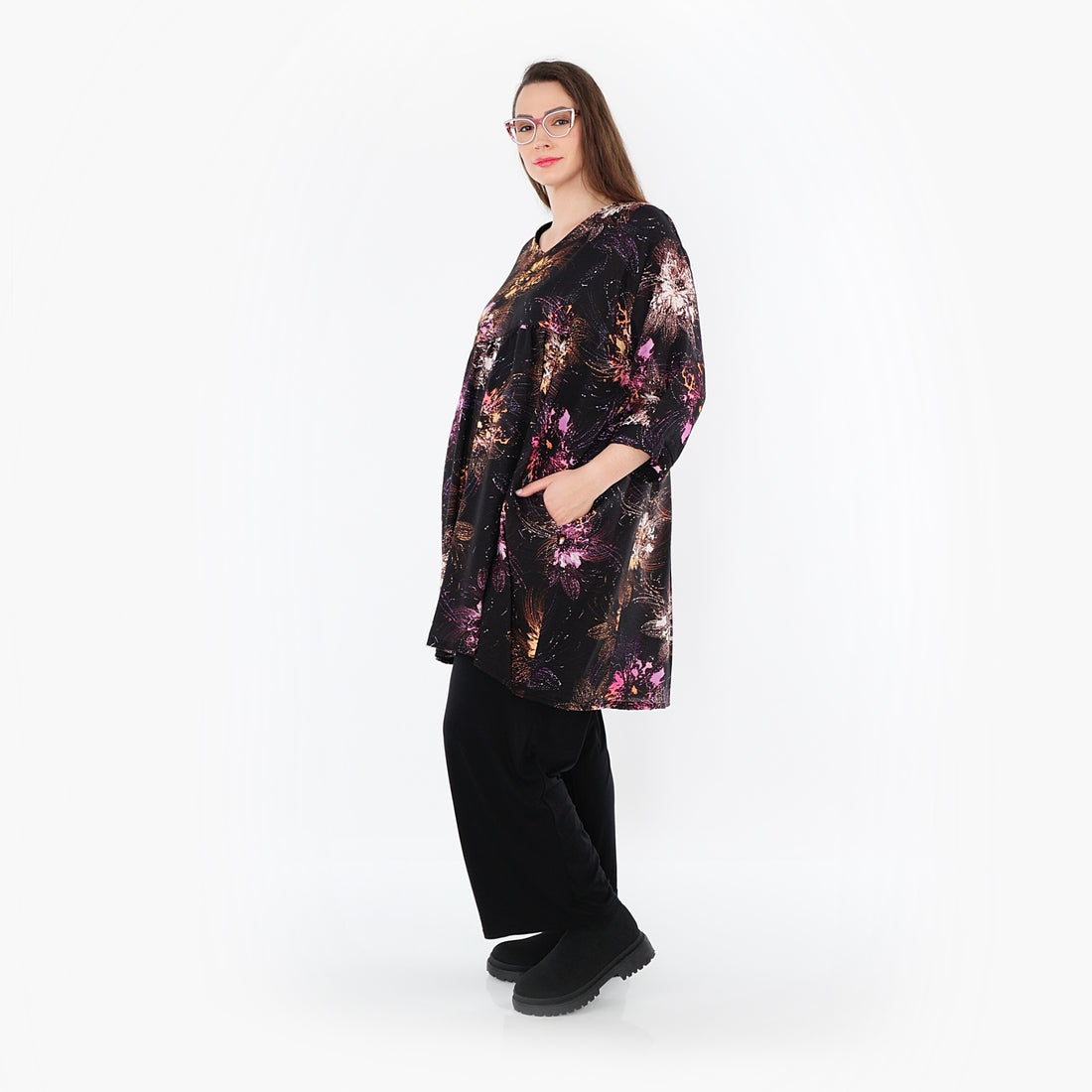  A-Form Bigshirt von AKH Fashion aus Viskose, 1491.07091, Schwarz/Fuchsia/Multi, Blumen