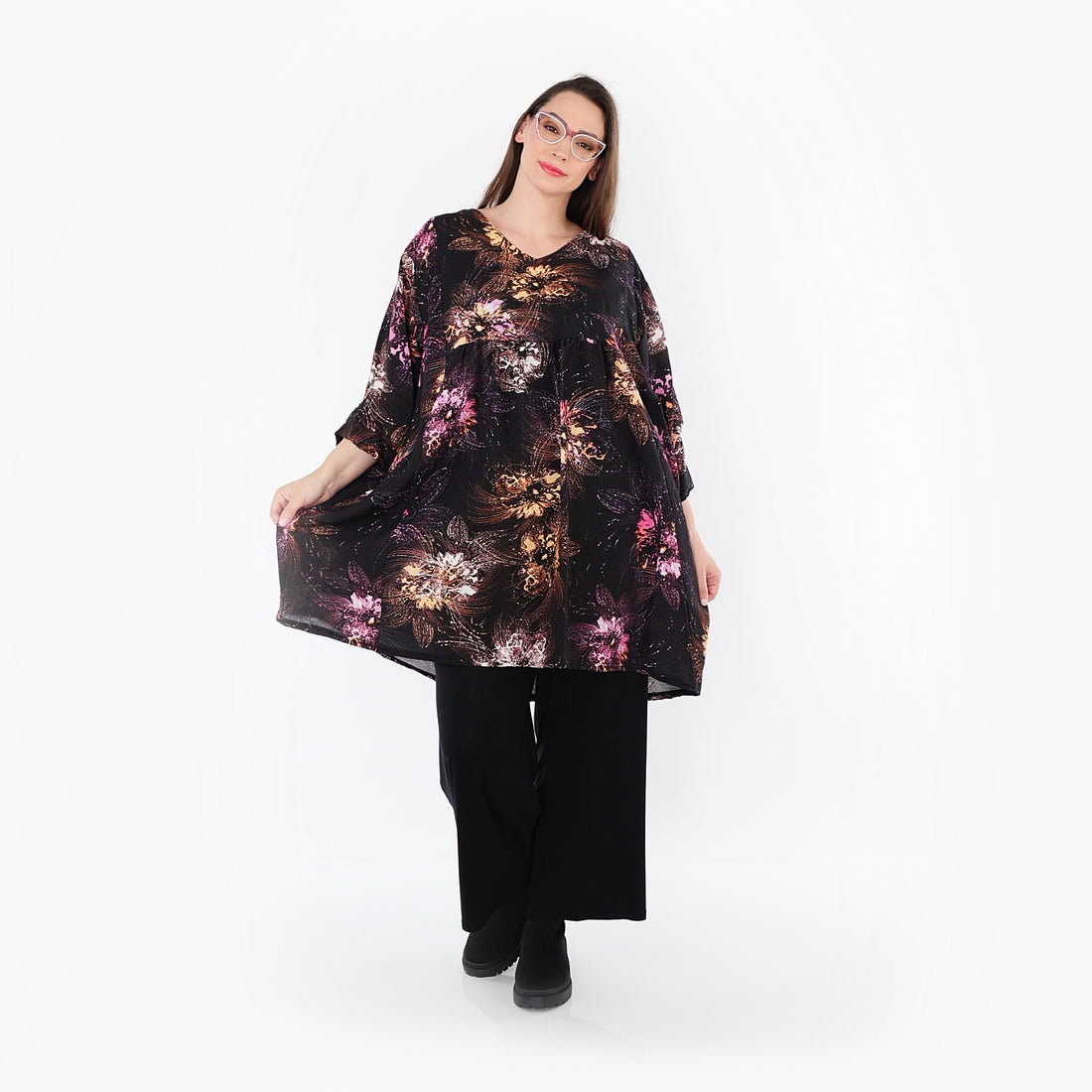  A-Form Bigshirt von AKH Fashion aus Viskose, 1491.07091, Schwarz/Fuchsia/Multi, Blumen