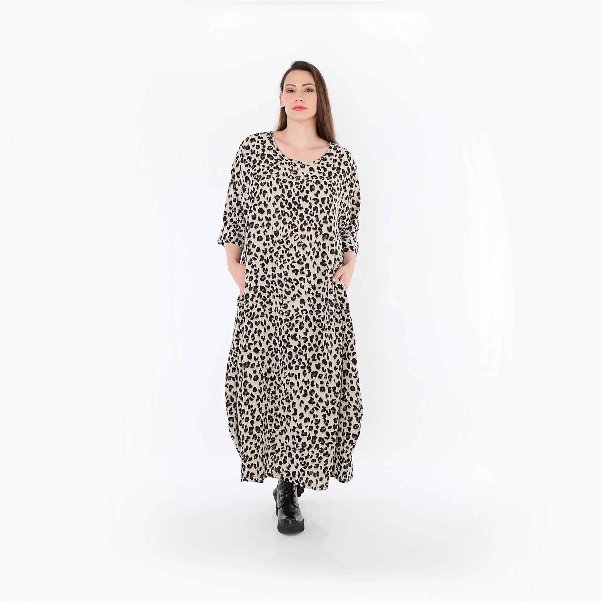  Ballonkleid von AKH Fashion aus Materialmix, 1496.01926, Beige/Schwarz/Cognac, Leopard