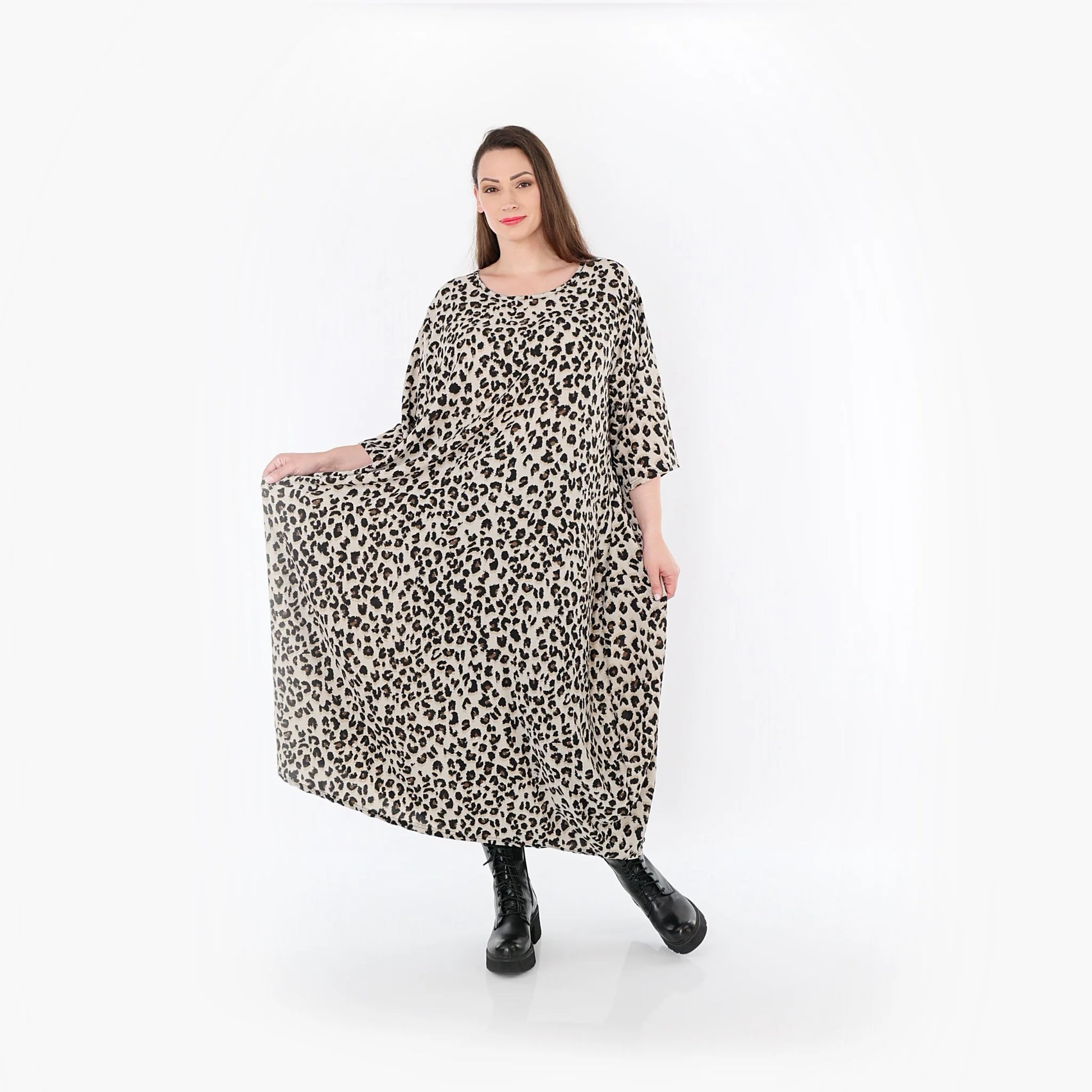  Ballonkleid von AKH Fashion aus Materialmix, 1496.01926, Beige/Schwarz/Cognac, Leopard