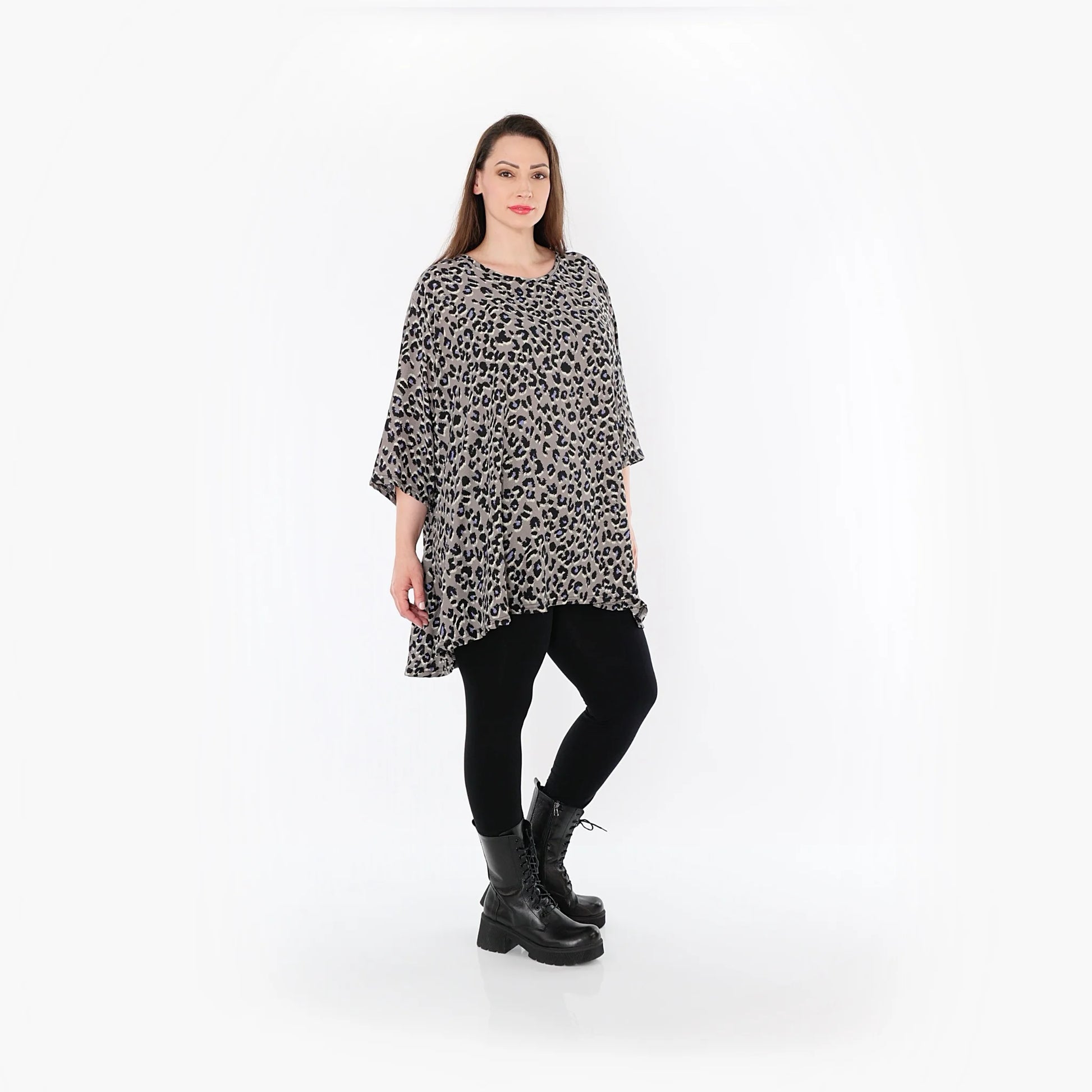  A-Form Bigshirt von AKH Fashion aus Materialmix, 1496.00593, Grau/Schwarz/Blau, Leopard
