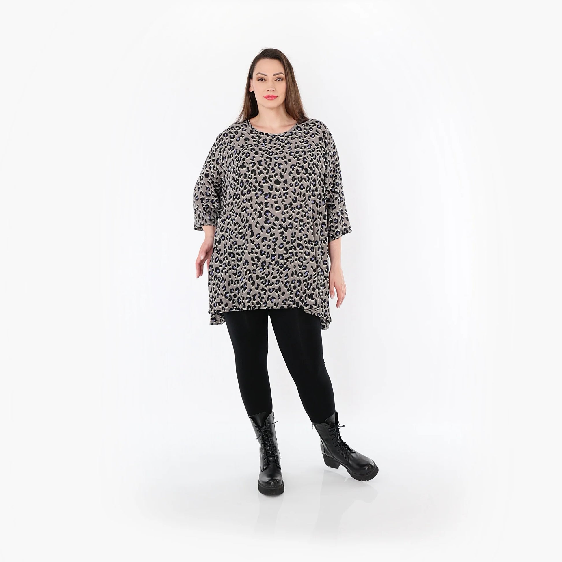 A-Form Bigshirt von AKH Fashion aus Materialmix, 1496.00593, Grau/Schwarz/Blau, Leopard