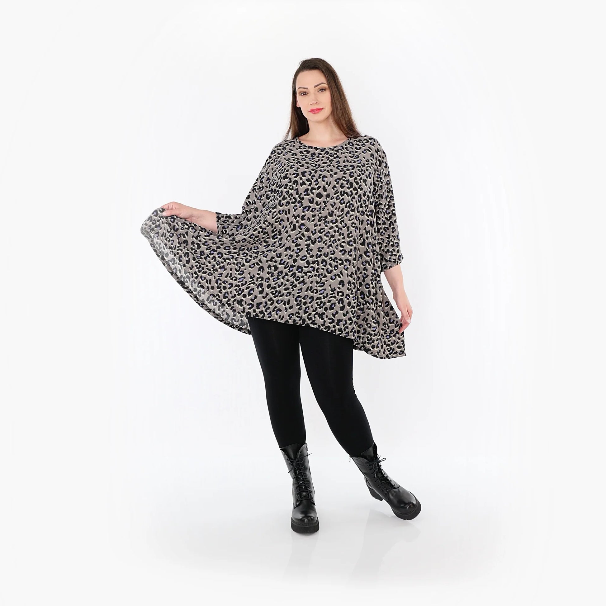  A-Form Bigshirt von AKH Fashion aus Materialmix, 1496.00593, Grau/Schwarz/Blau, Leopard