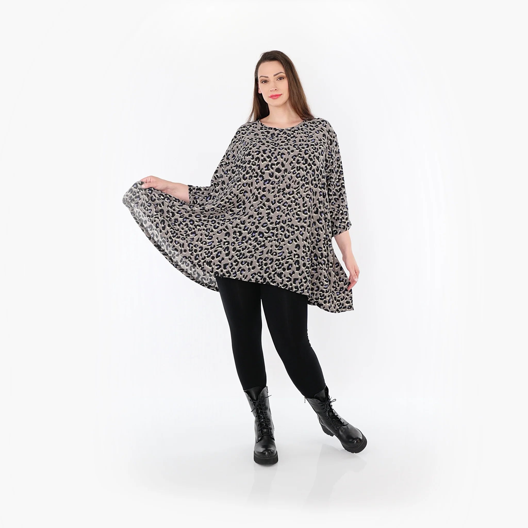  A-Form Bigshirt von AKH Fashion aus Materialmix, 1496.00593, Grau/Schwarz/Blau, Leopard