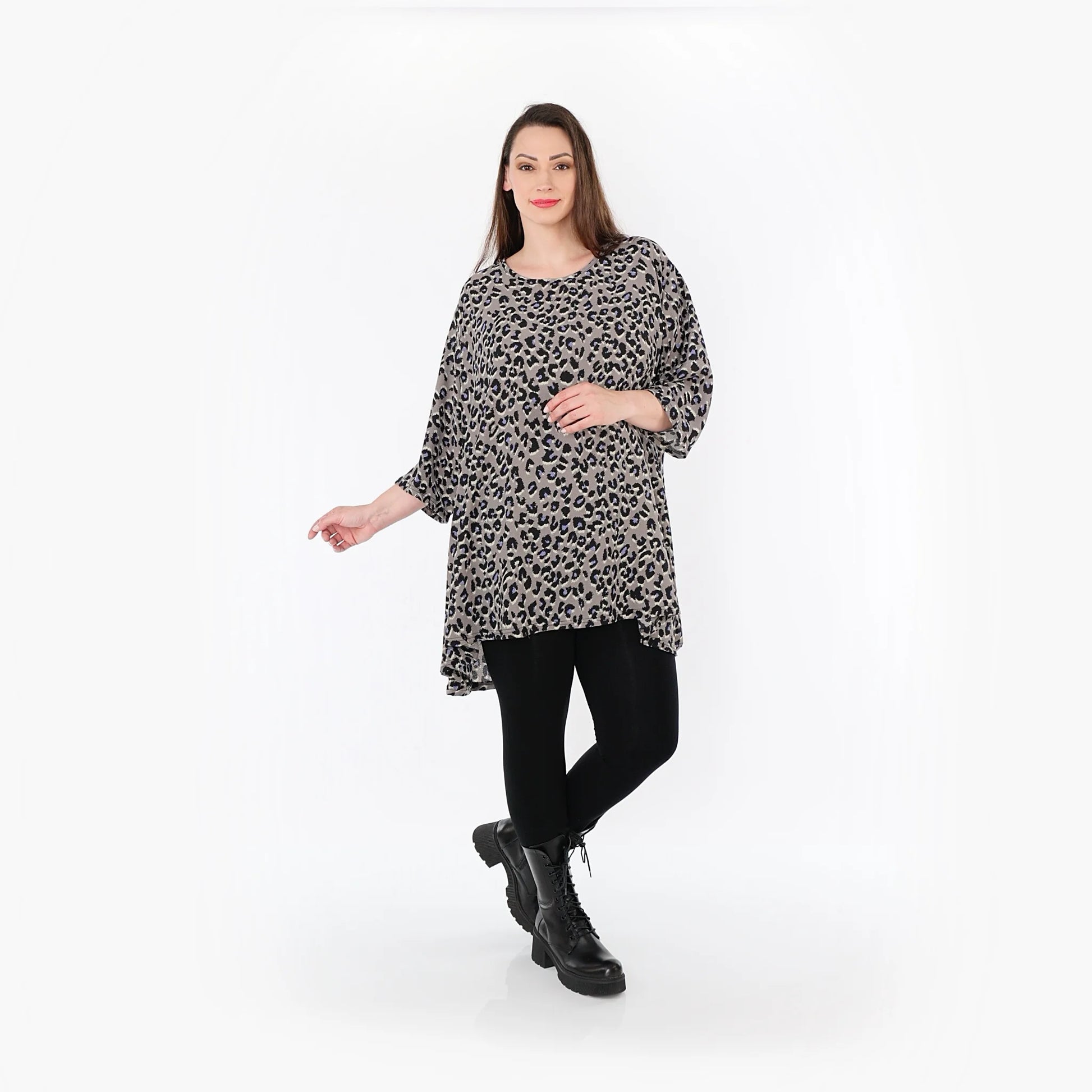  A-Form Bigshirt von AKH Fashion aus Materialmix, 1496.00593, Grau/Schwarz/Blau, Leopard