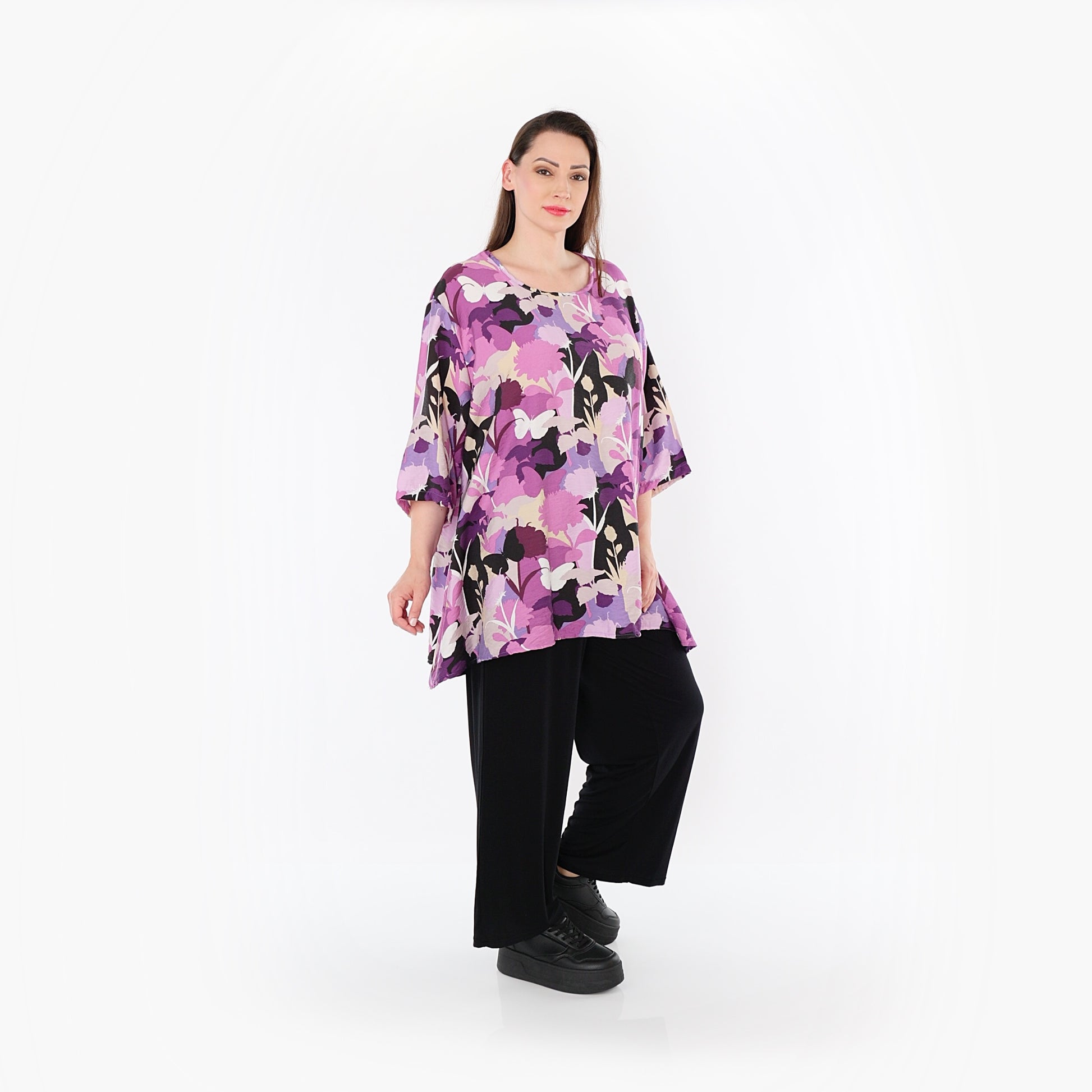  A-Form Bigshirt von AKH Fashion aus Viskose, 1506.00593, Lila/Multicolor, Blumen, Schick