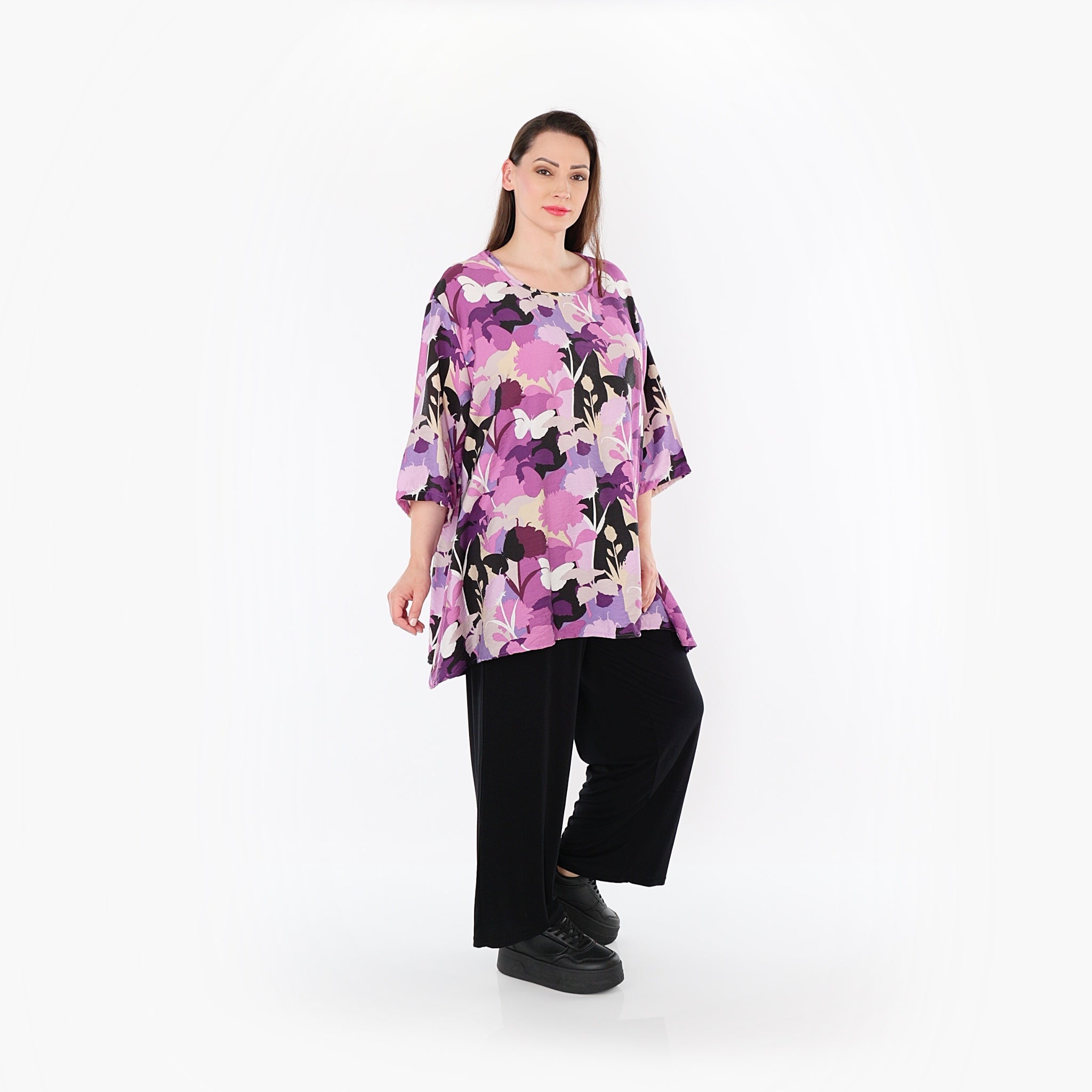  A-Form Bigshirt von AKH Fashion aus Viskose, 1506.00593, Lila/Multicolor, Blumen, Schick